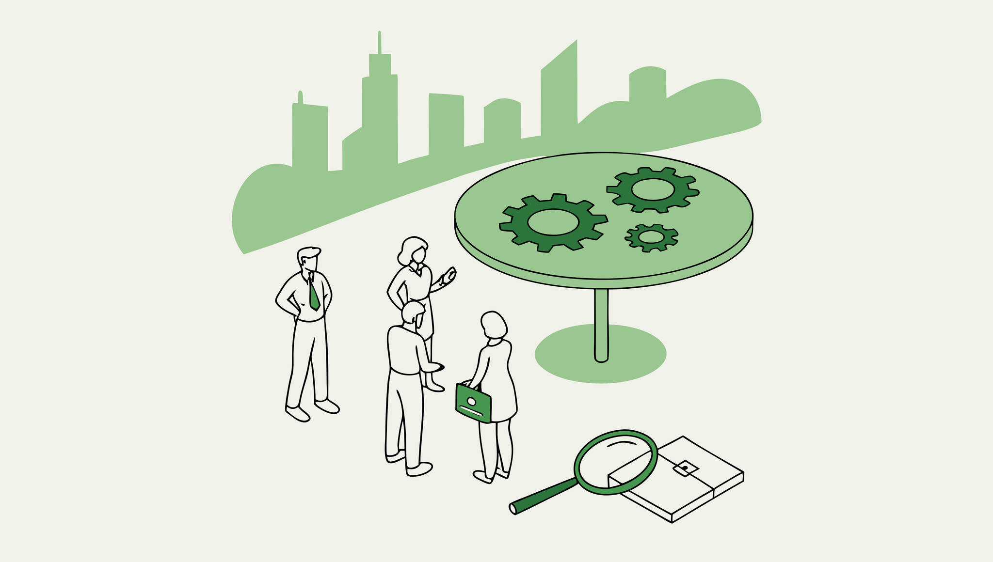 SovDoc illustration of medical advisors discussing cardiology practice M&A, showing professionals gathered around a table with healthcare strategy symbols and urban backdrop, representing healthcare acquisition expertise