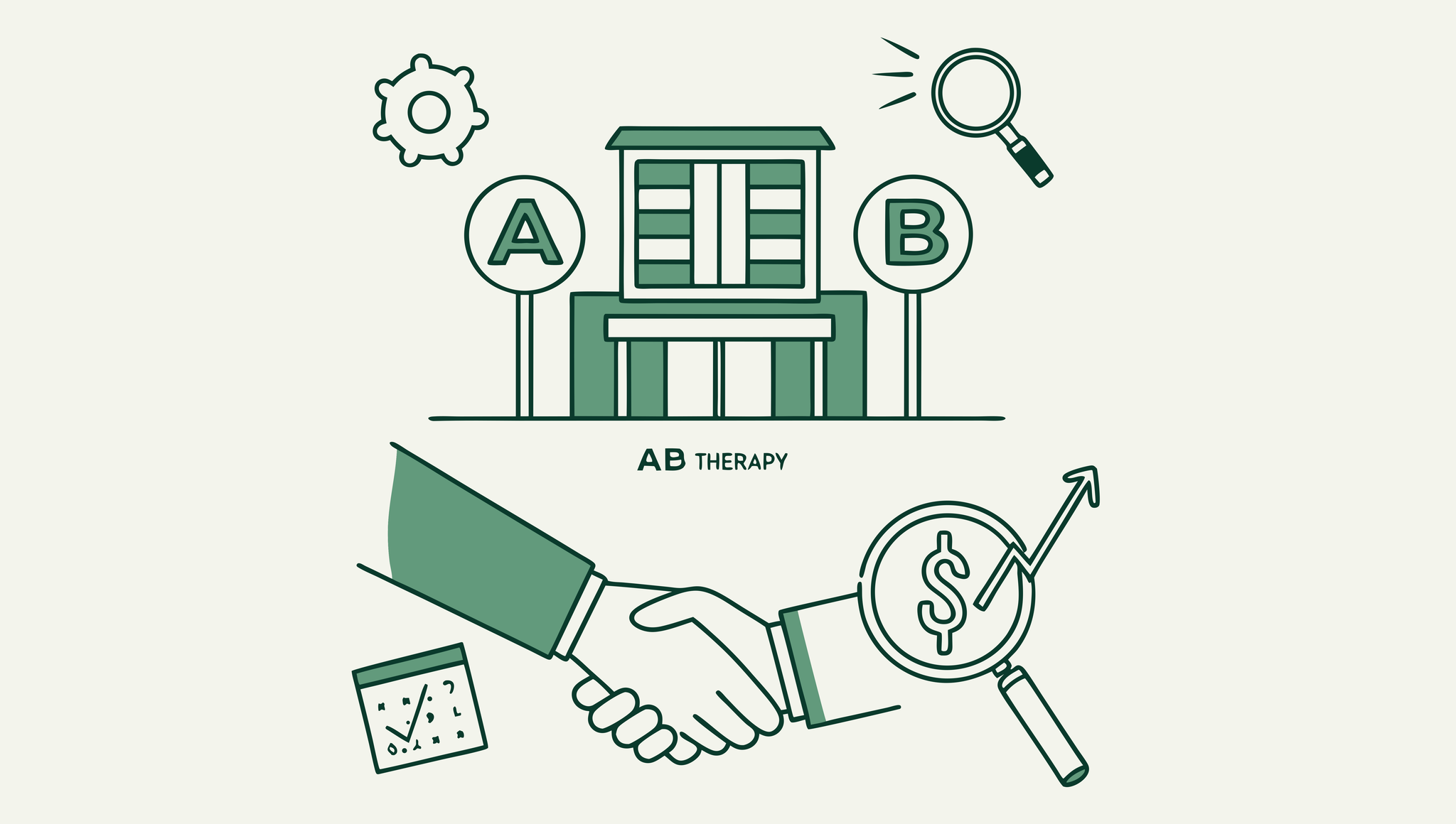 Stylized illustration of two figures shaking hands beside a clinic with financial graphs, representing SovDoc's advisory services for clinic-based ABA therapy mergers and acquisitions. The image symbolizes the due diligence process for healthcare M&A transactions.