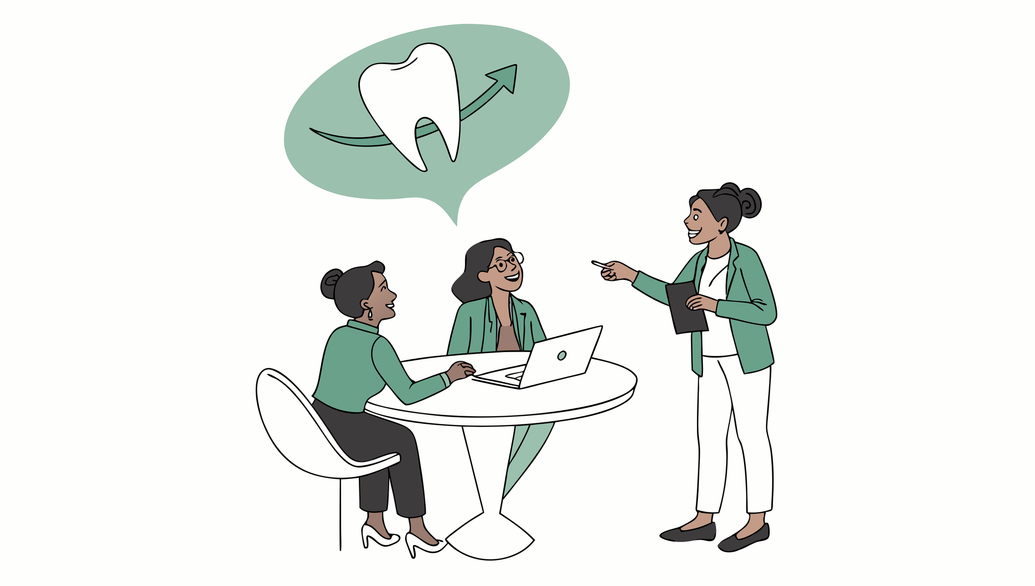 SovDoc advisor roundup illustration showing dental practice M&A consultation with professionals discussing dental merger strategy around table with tooth and arrow icon, representing dental practice transactions and healthcare advisory services.