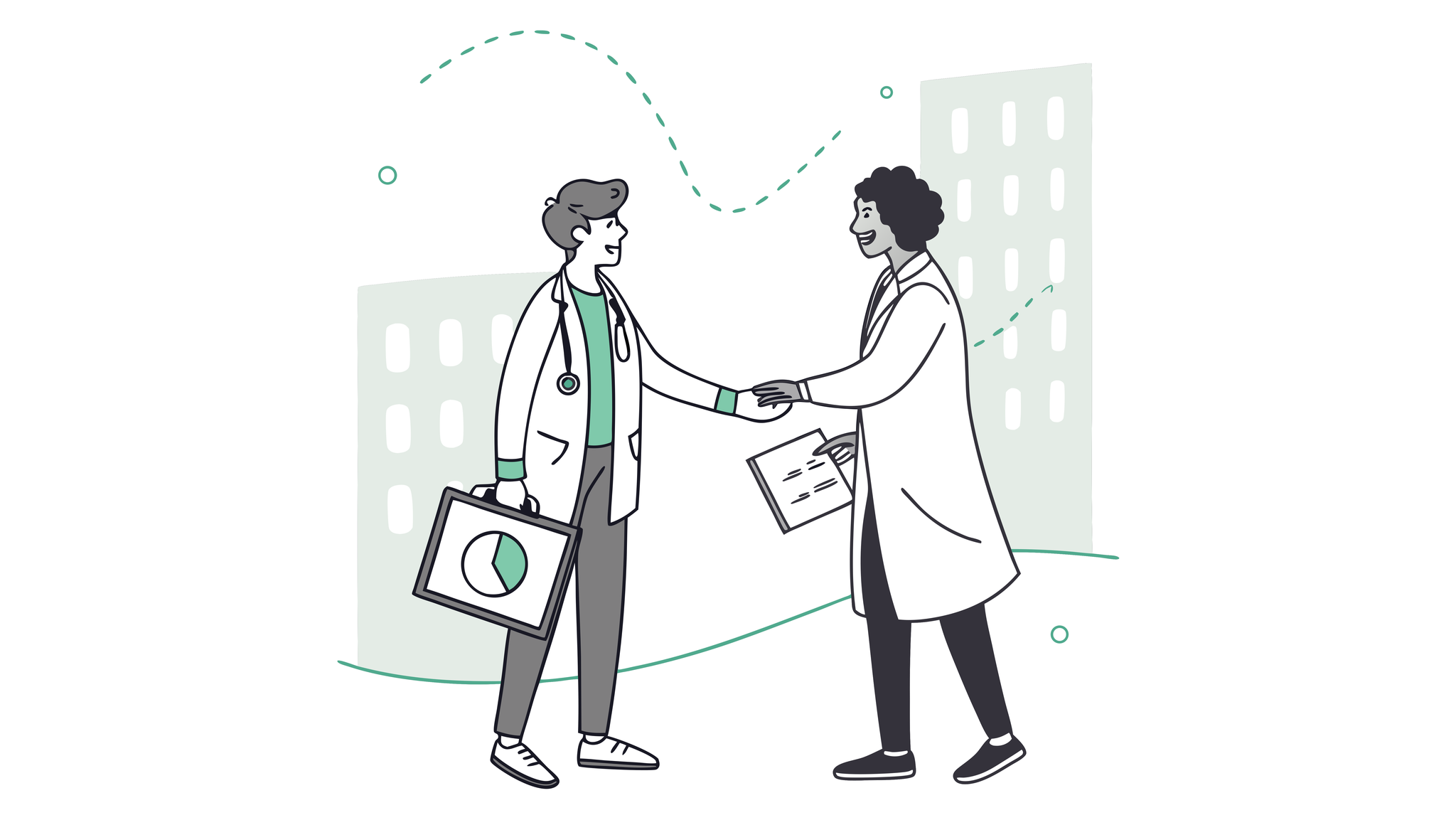 Dermatology practice M&A handshake between auditor and physician with merger visualization - SovDoc healthcare advisory services for dermatology acquisitions and financial assessment