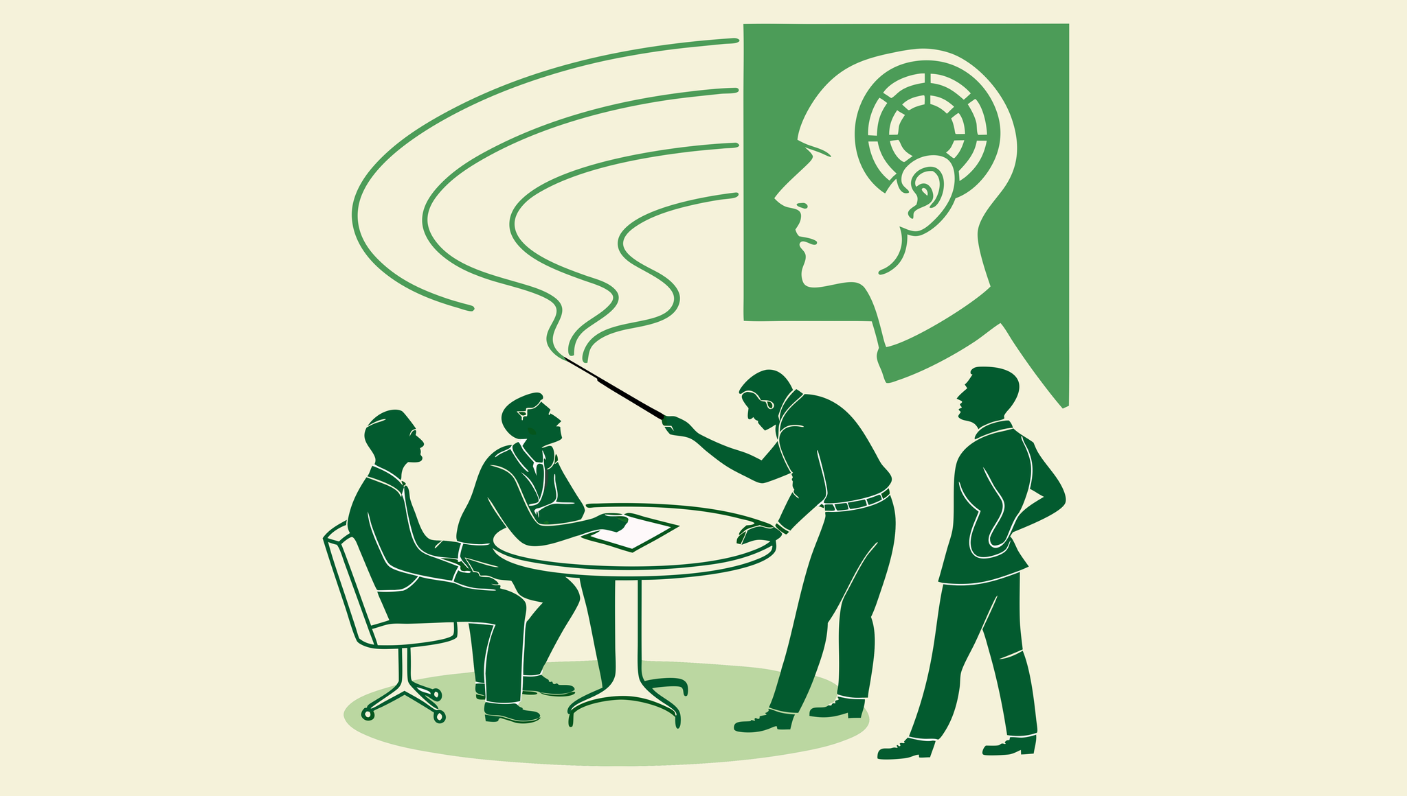 SovDoc healthcare M&A illustration showing ENT practice advisors collaborating around a stylized head model, with puzzle pieces symbolizing medical practice mergers and acquisitions in the otolaryngology sector.