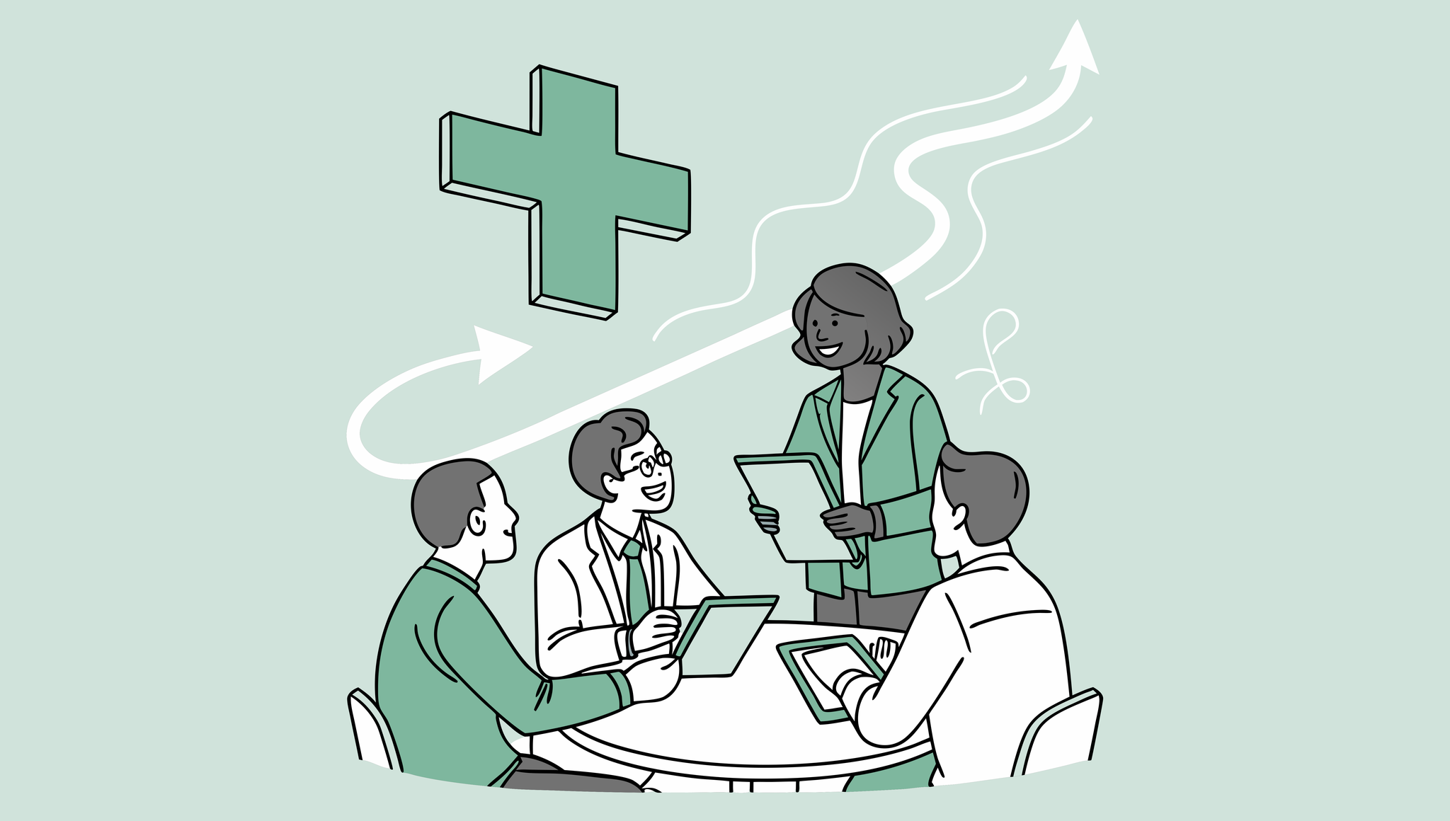 SovDoc healthcare M&A advisors collaborating around a table with hospice care symbolism, discussing auditing best practices for medical practice mergers and acquisitions in the hospice sector.
