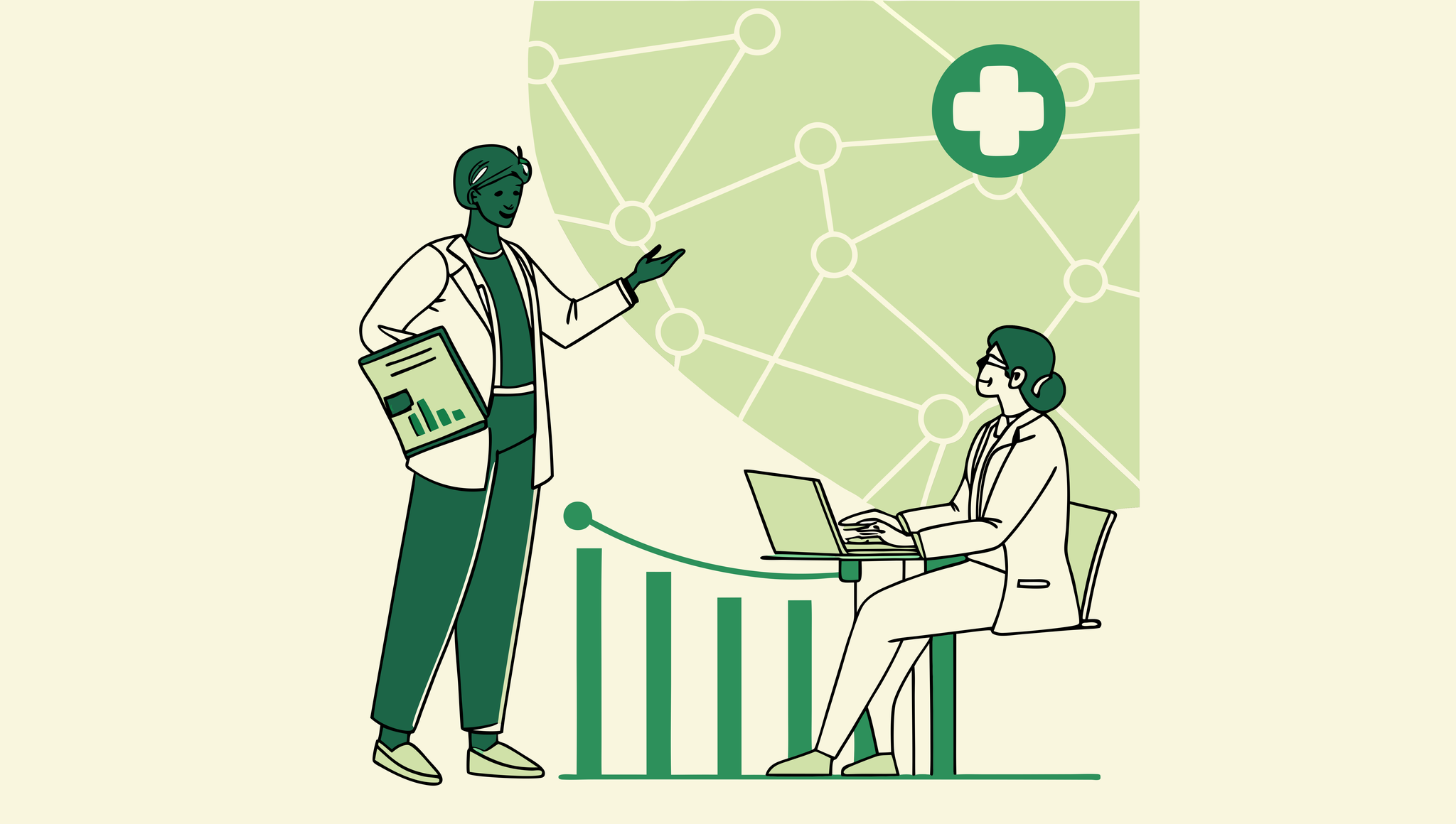Abstract illustration of healthcare professionals discussing interventional pain practice M&A strategy with financial data visualization, representing SovDoc's specialized advisory services for medical practice mergers and acquisitions in the pain management sector.