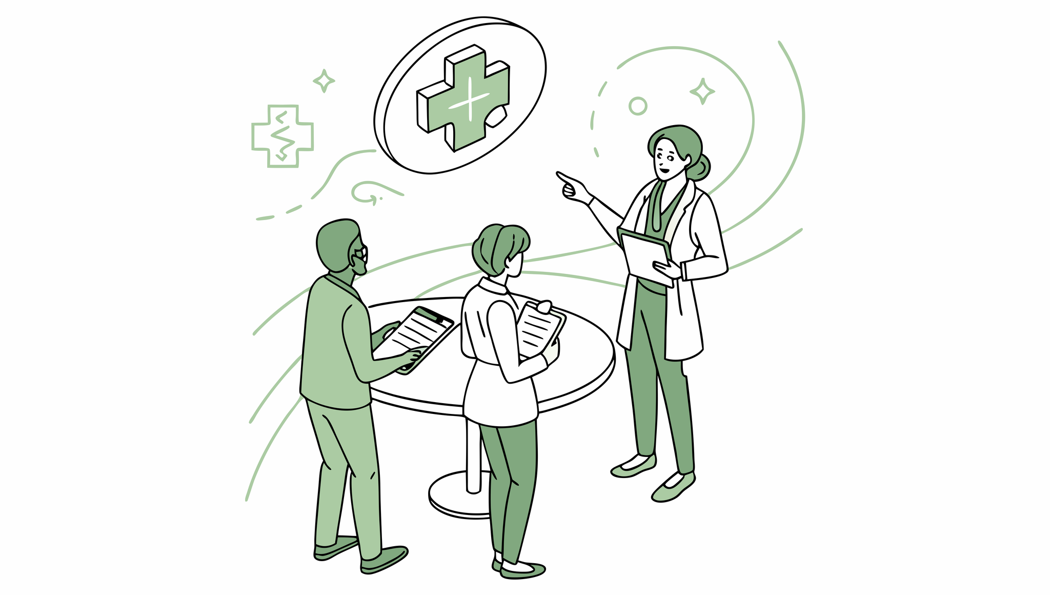 Stylized illustration of medical professionals analyzing healthcare compliance data at a roundtable discussion, representing SovDoc's specialized advisory services for Med Spa practice mergers and acquisitions and regulatory compliance assessment.