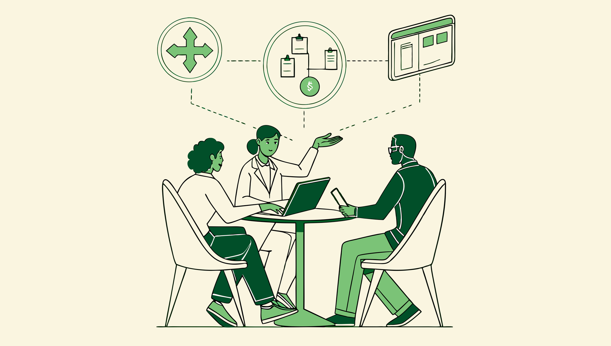 SovDoc healthcare advisors discussing nephrology practice merger strategies and financial auditing processes with data visualization, representing specialized M&A due diligence in dialysis care organizations.