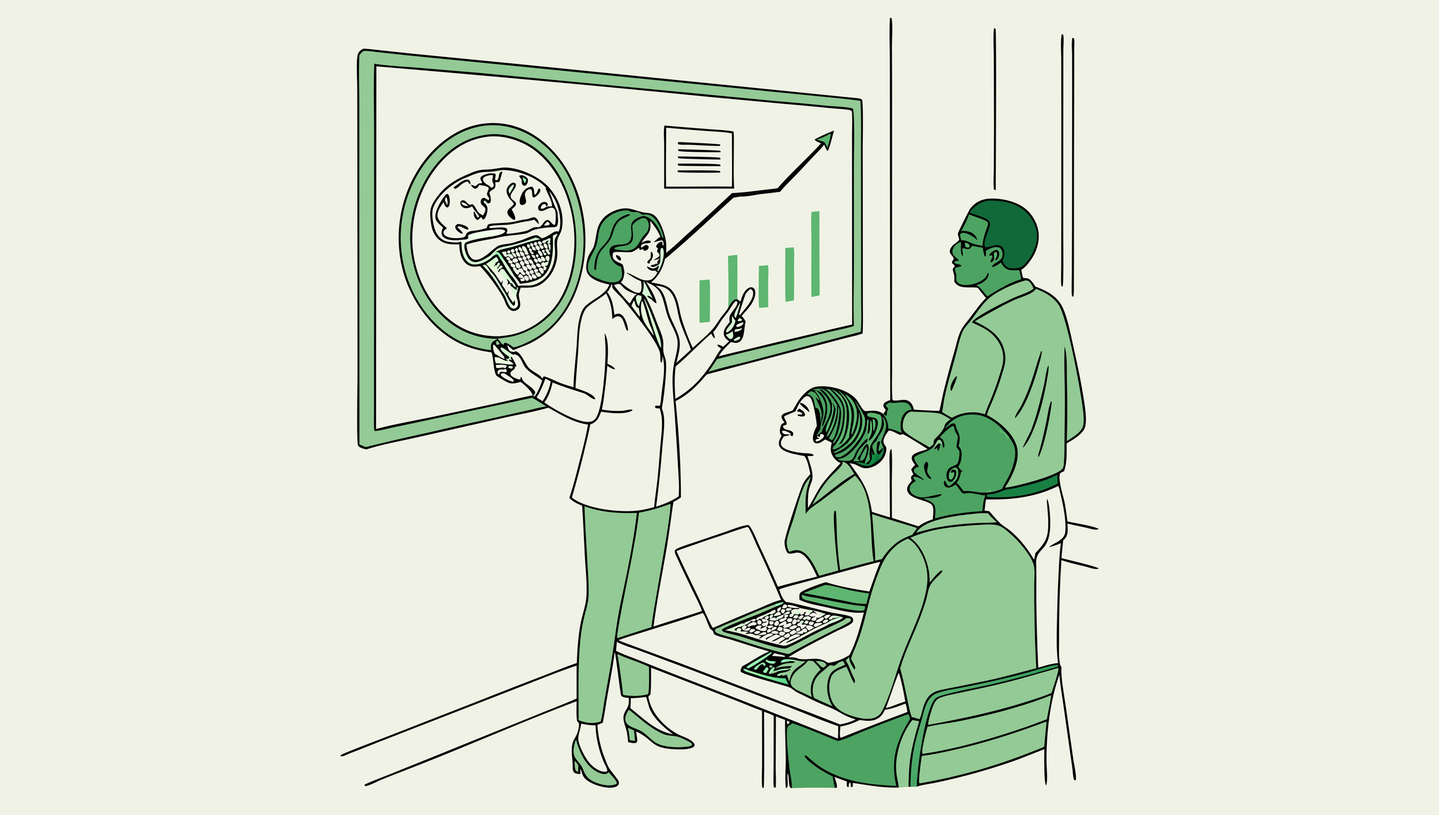 SovDoc healthcare M&A advisors discussing neurology practice merger strategies, examining neural imaging data and financial performance metrics in a professional roundtable setting.