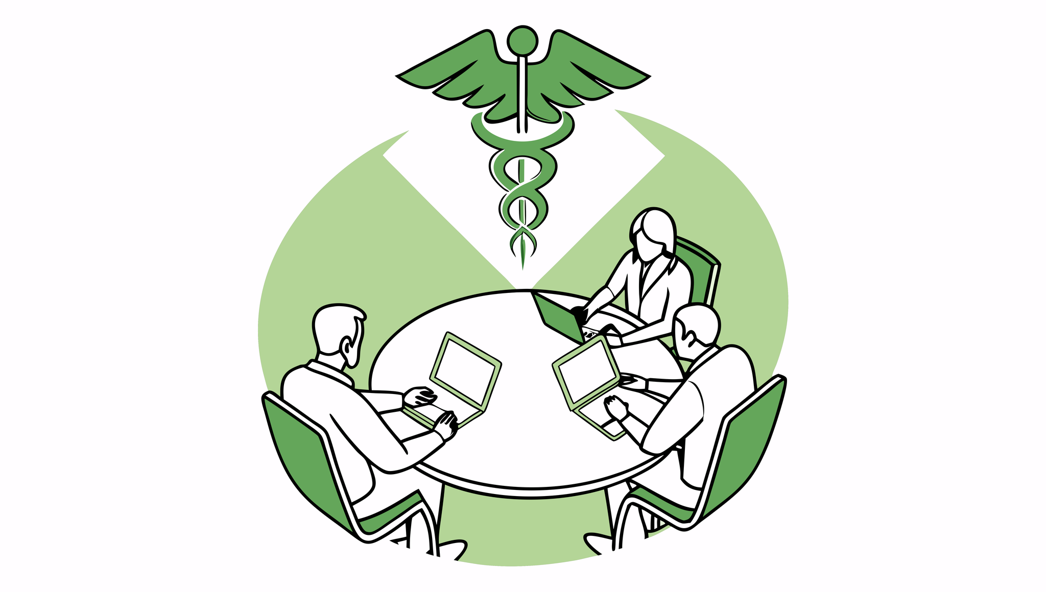 Stylized illustration of healthcare professionals at a roundtable discussing occupational and hand therapy practice M&A, featuring a caduceus symbol representing medical expertise. SovDoc advisory services for therapy practice mergers and acquisitions.