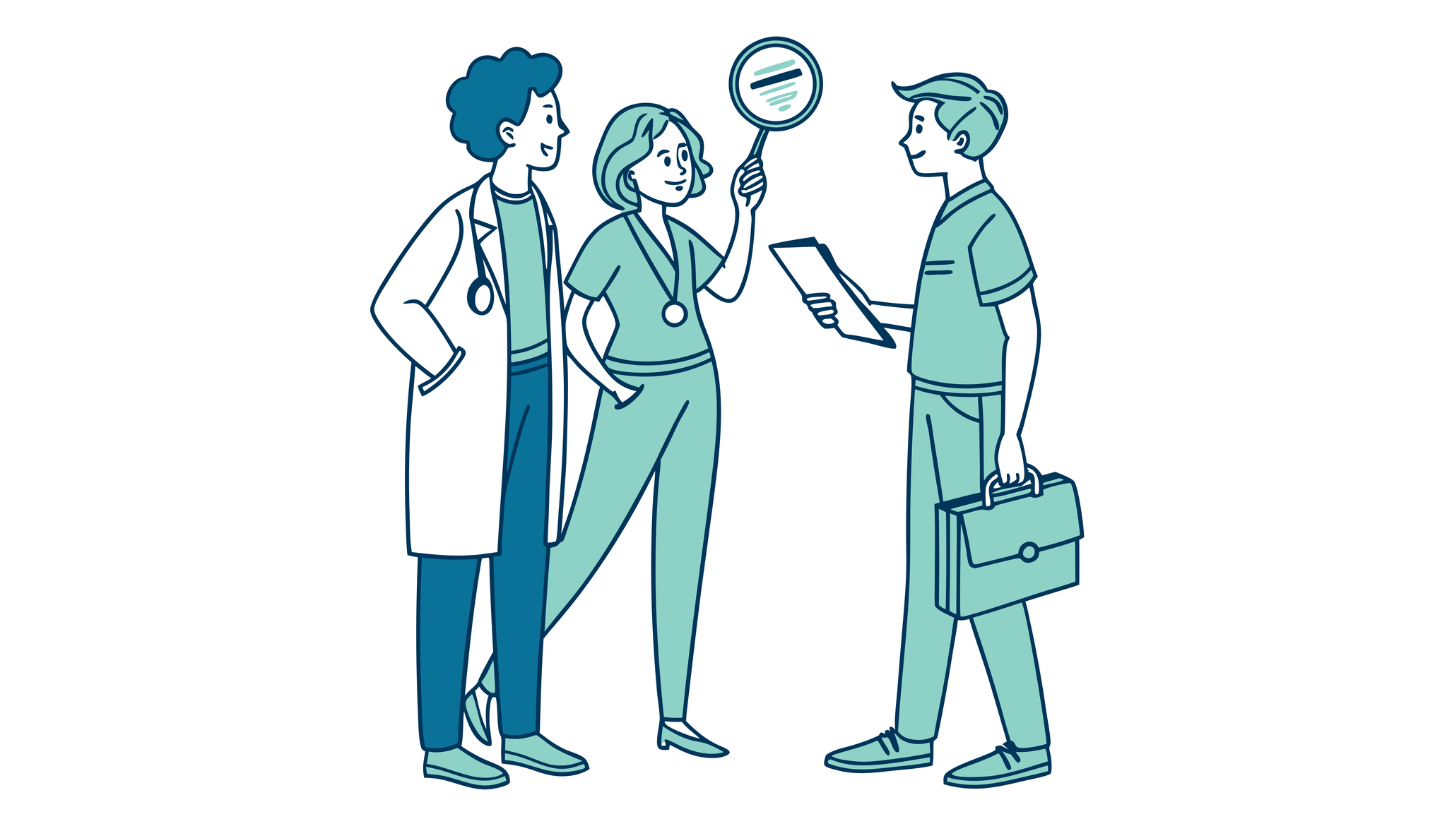 Clean vector illustration of healthcare professionals collaborating on oncology practice mergers and acquisitions, showing an auditor, medical professional, and business expert working together with hospital imagery in background - SovDoc healthcare M&A advisory services for oncology practices.