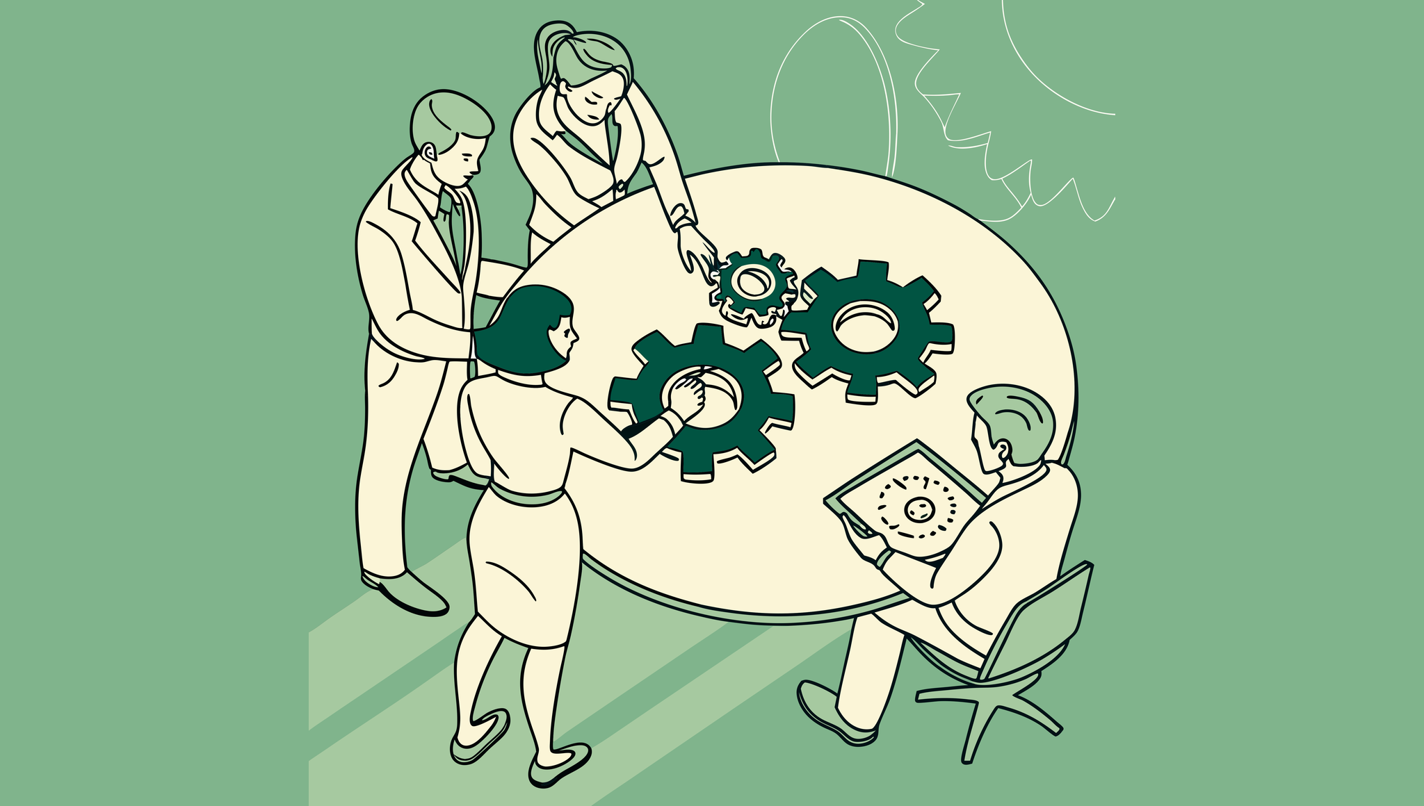 Stylized illustration of medical practice advisors collaborating at a roundtable discussion, examining merger diagrams with orthopedic elements in background. SovDoc healthcare M&A firm supporting ortho and musculoskeletal practice transactions.
