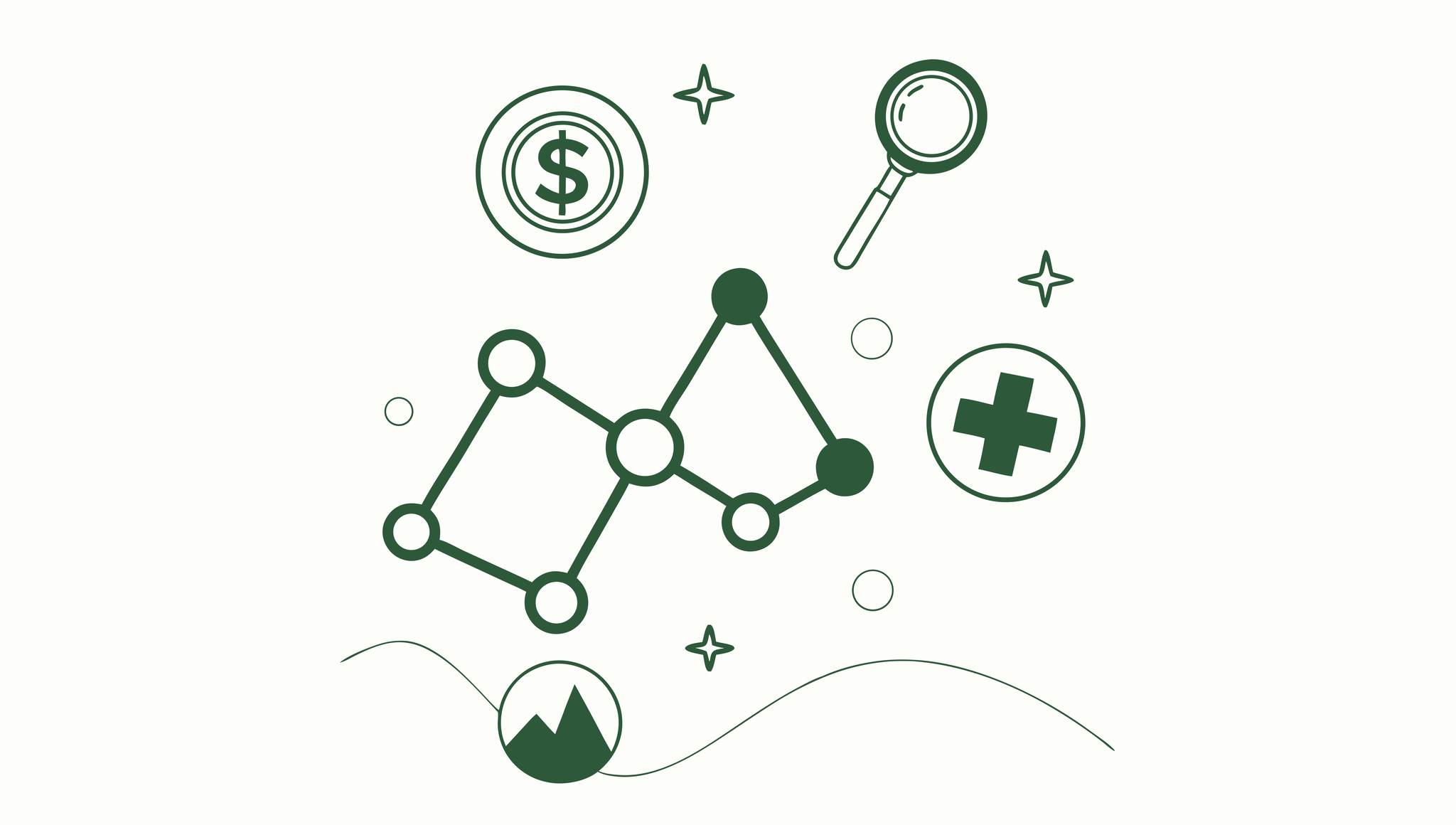 Abstract network diagram with healthcare symbols representing SovDoc's advisor services for outpatient physical therapy practice mergers and acquisitions