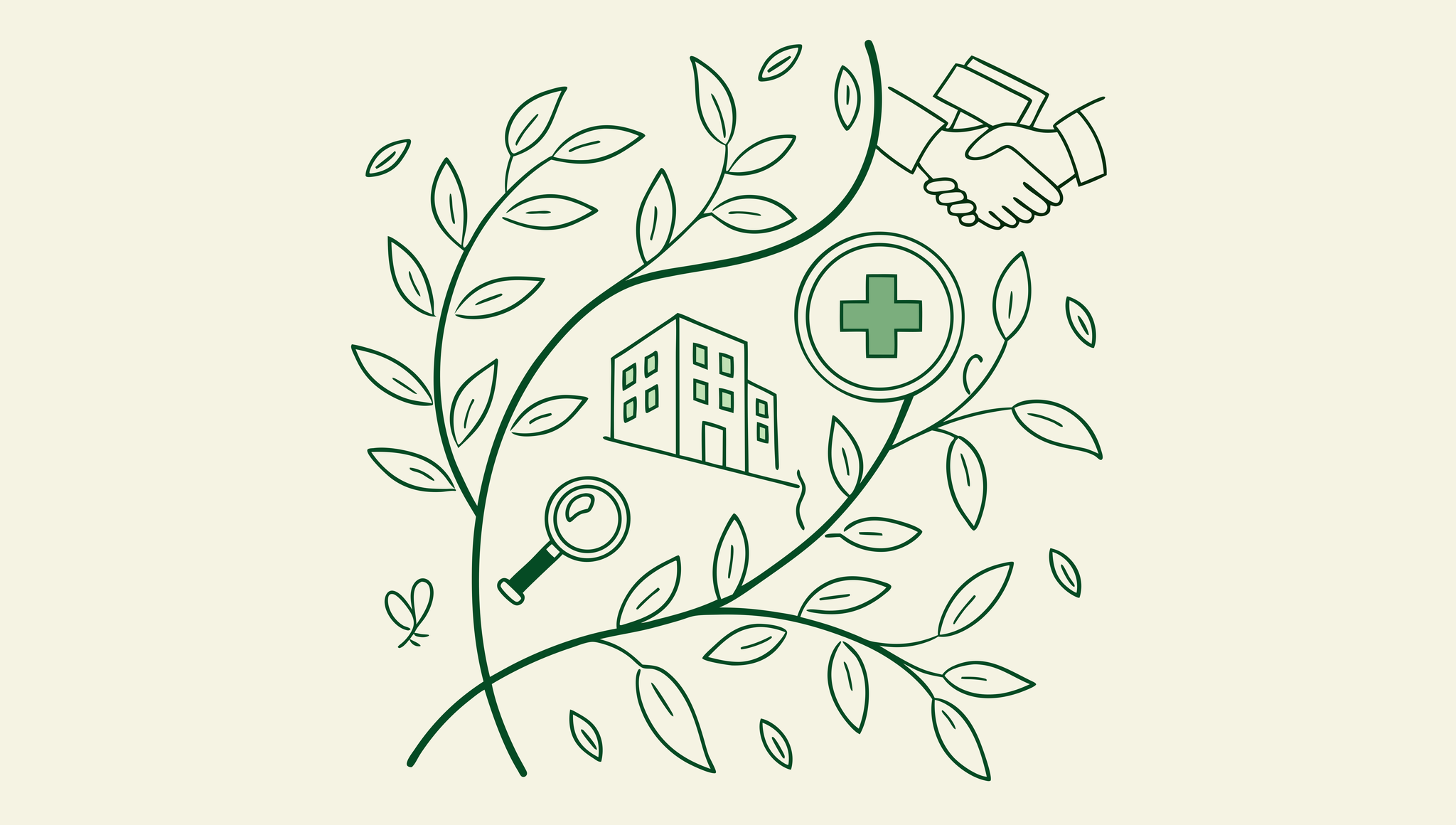 Interconnected green vines forming a medical cross with business icons, representing SovDoc's advisory services for palliative care practice mergers and acquisitions in healthcare M&A.