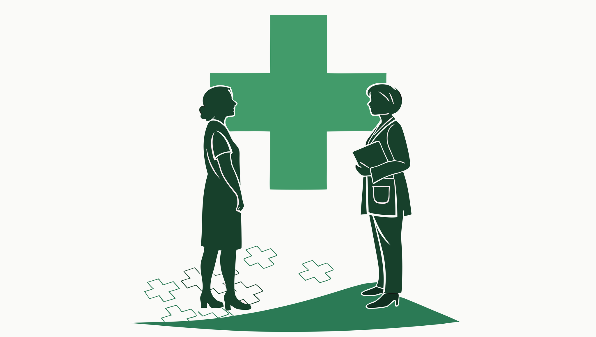 SovDoc healthcare M&A illustration depicting advisors consulting on primary care practice mergers and acquisitions, symbolized by two professionals examining a medical cross with interconnecting puzzle pieces representing the integration process in healthcare consolidation.