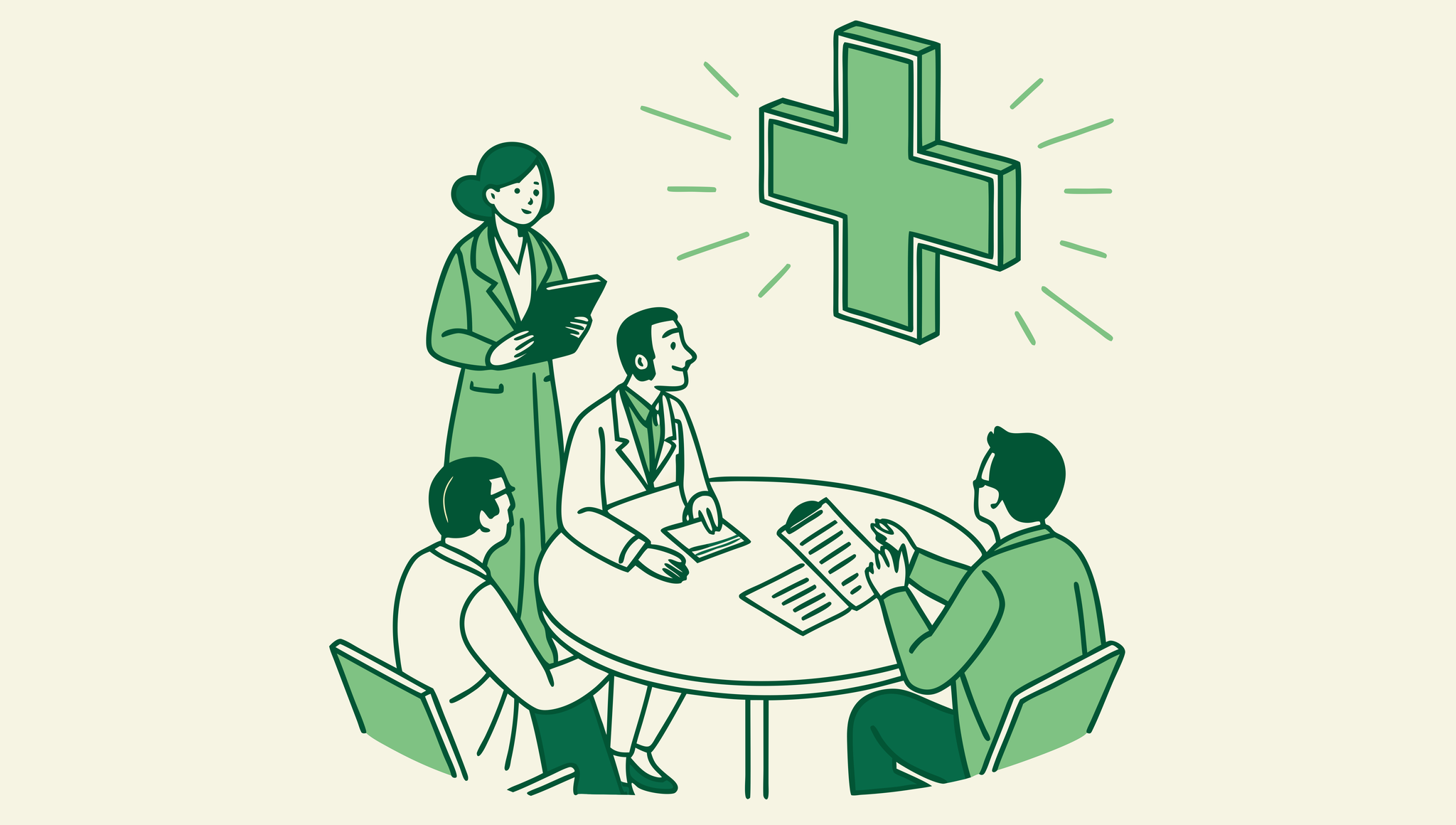SovDoc healthcare M&A advisors collaborating around a table with a radiology symbol, representing radiology practice mergers and acquisitions consultation for medical groups.