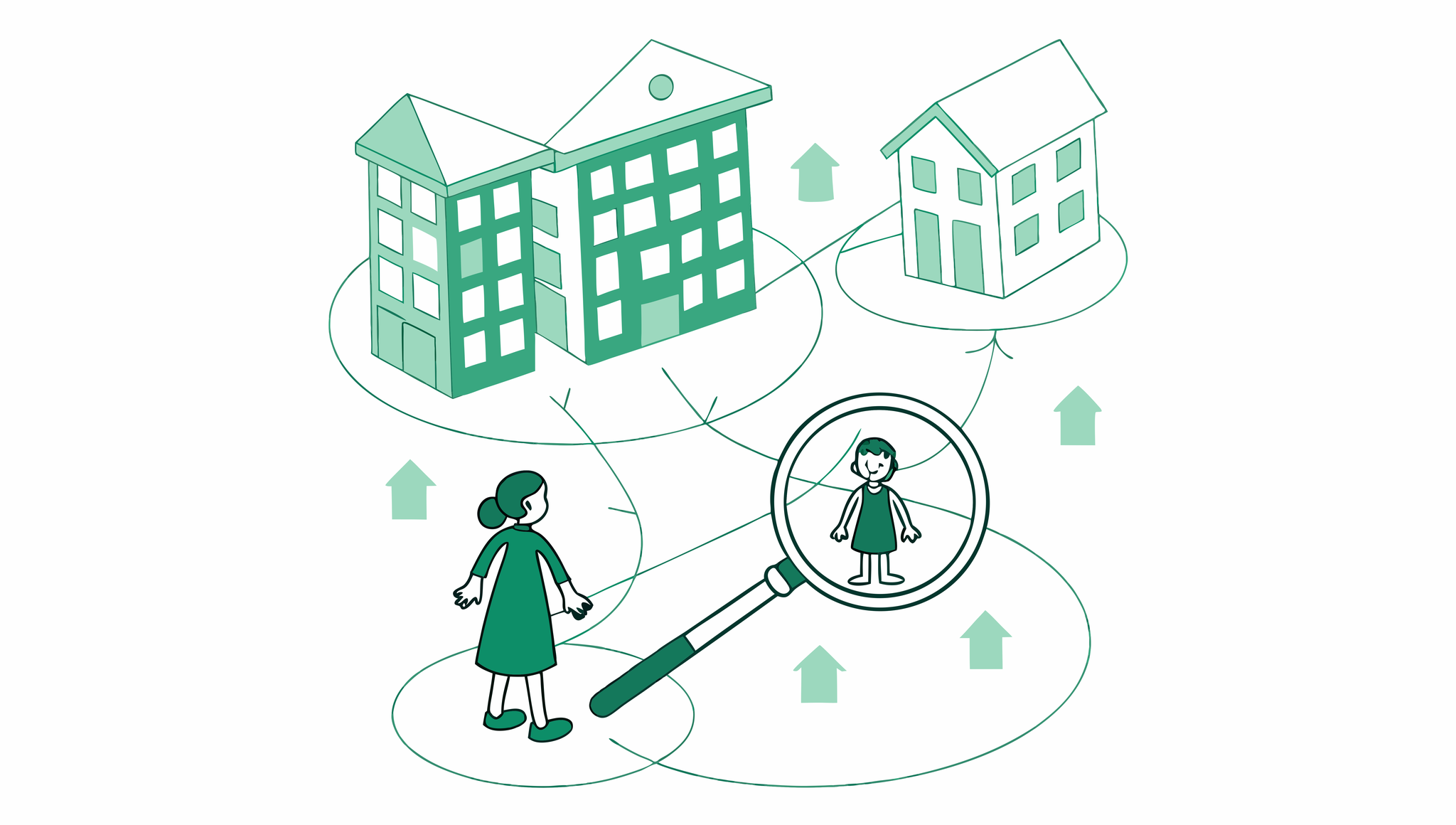 Vector illustration showing abstract figures examining healthcare merger opportunities through a magnifying glass, with interconnected nursing facilities and advisory buildings in the background - representing SovDoc's skilled nursing facility (SNF) M&A advisory services.