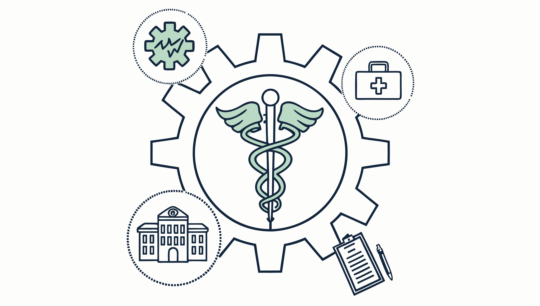 SovDoc healthcare M&A firm logo with medical caduceus merged with gear icon surrounded by symbols representing mergers and acquisitions, auditing, sports medicine, and medical practices - illustrating advisor services for Sports Medicine & Performance Therapy practice transactions.