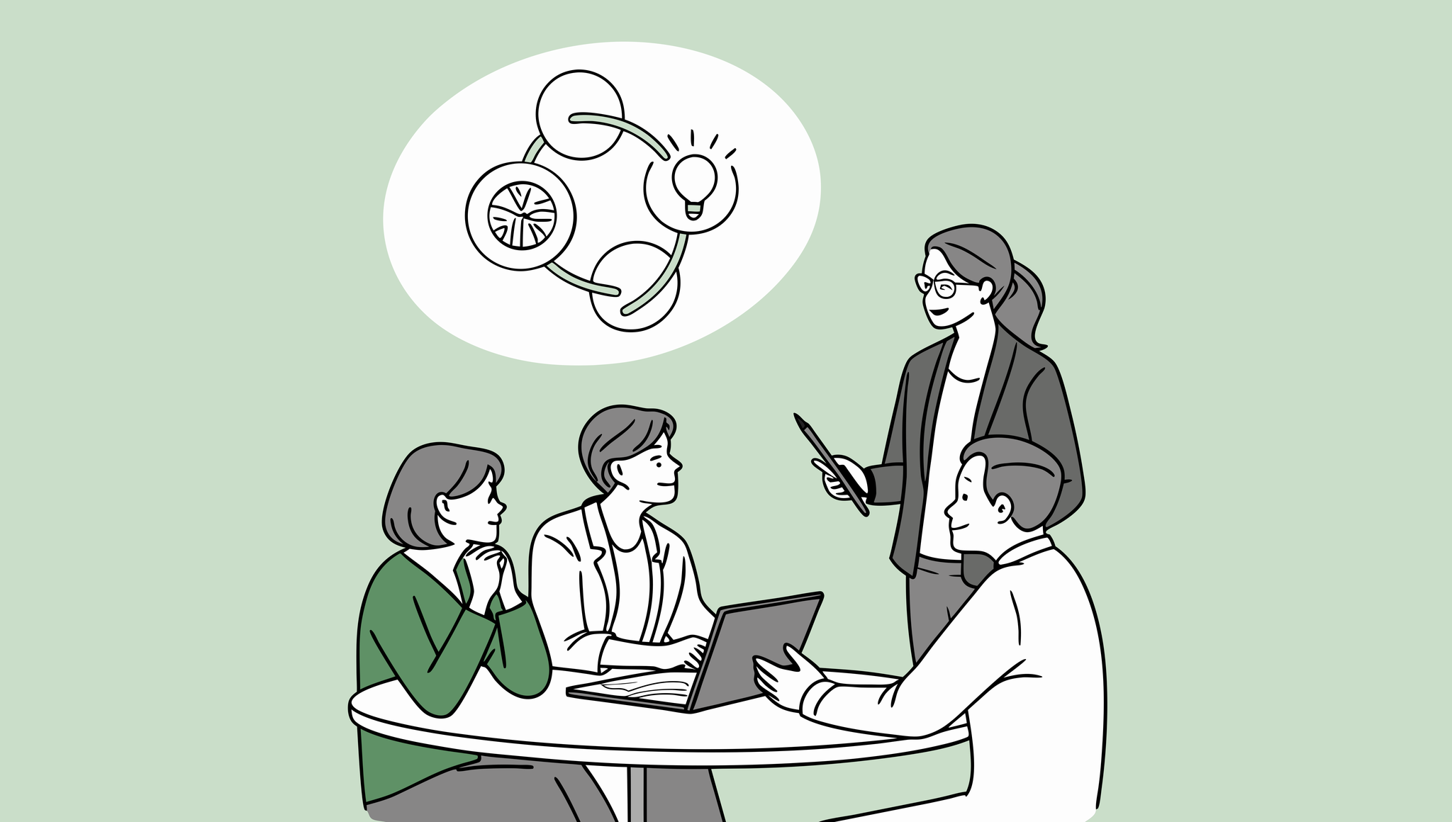 SovDoc healthcare M&A professionals collaborating around a table with holographic merger and acquisition projections, representing advisory services for business lawyers in assisted living facility medical practice transactions.