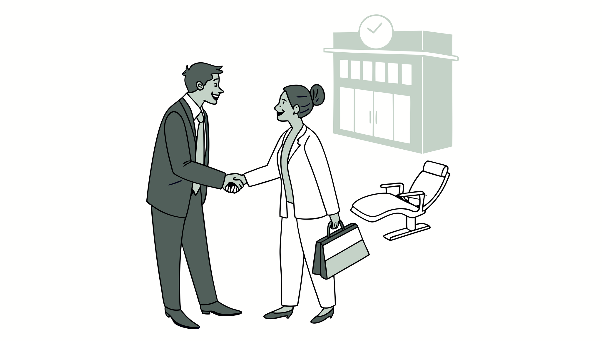 Dental practice professionals shake hands during a business meeting symbolizing successful medical practice M&A transactions, with SovDoc facilitating dental practice mergers and acquisitions in the healthcare sector.
