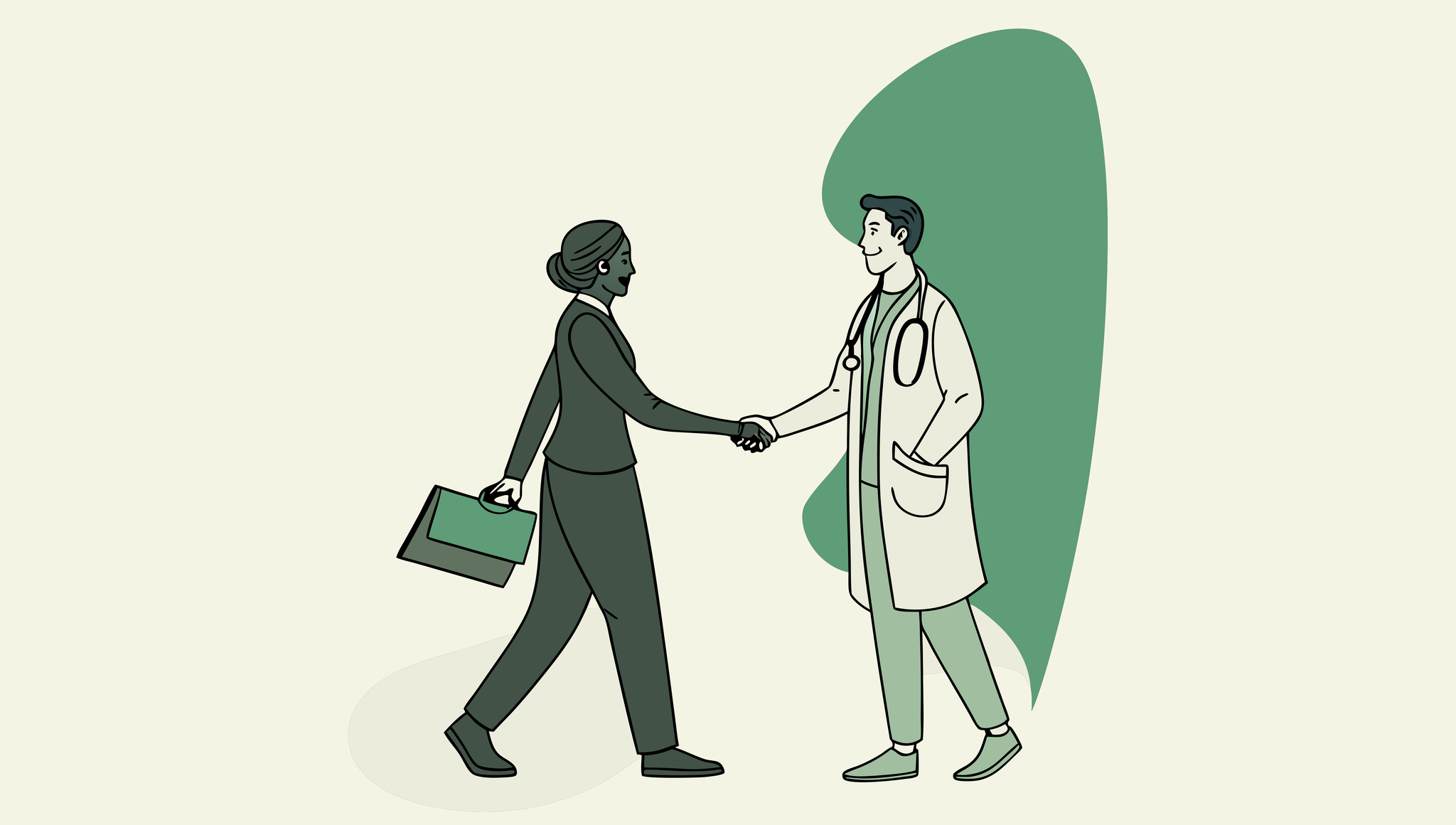 Business professionals shaking hands with dermatology practice design elements - SovDoc healthcare M&A advisors guiding dermatology practice mergers and acquisitions