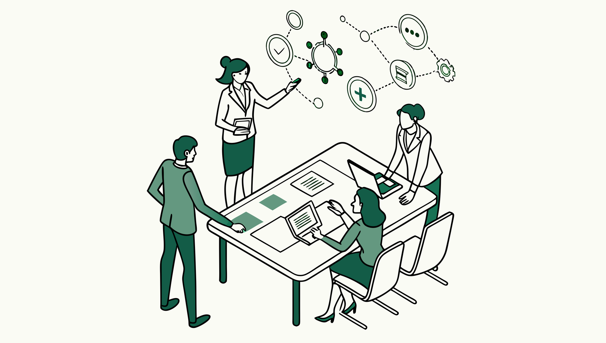 SovDoc healthcare M&A professionals collaborating around conference table discussing ENT medical practice mergers and acquisitions strategy, with holographic projection displaying medical and financial elements.