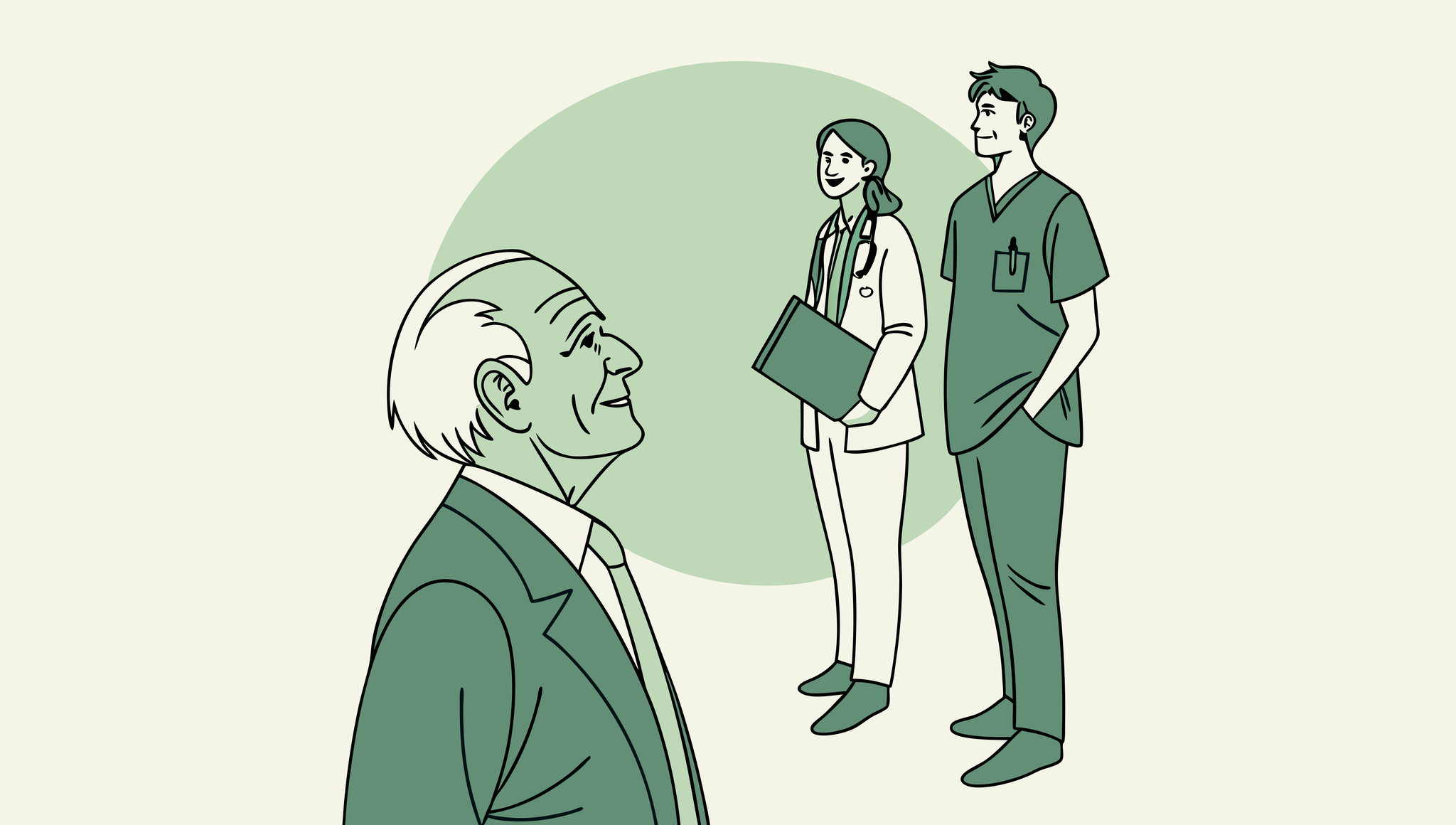 SovDoc illustration depicting a business lawyer, geriatric specialist, and medical professional collaborating on behavioral health practice mergers and acquisitions, symbolizing strategic healthcare M&A partnerships.