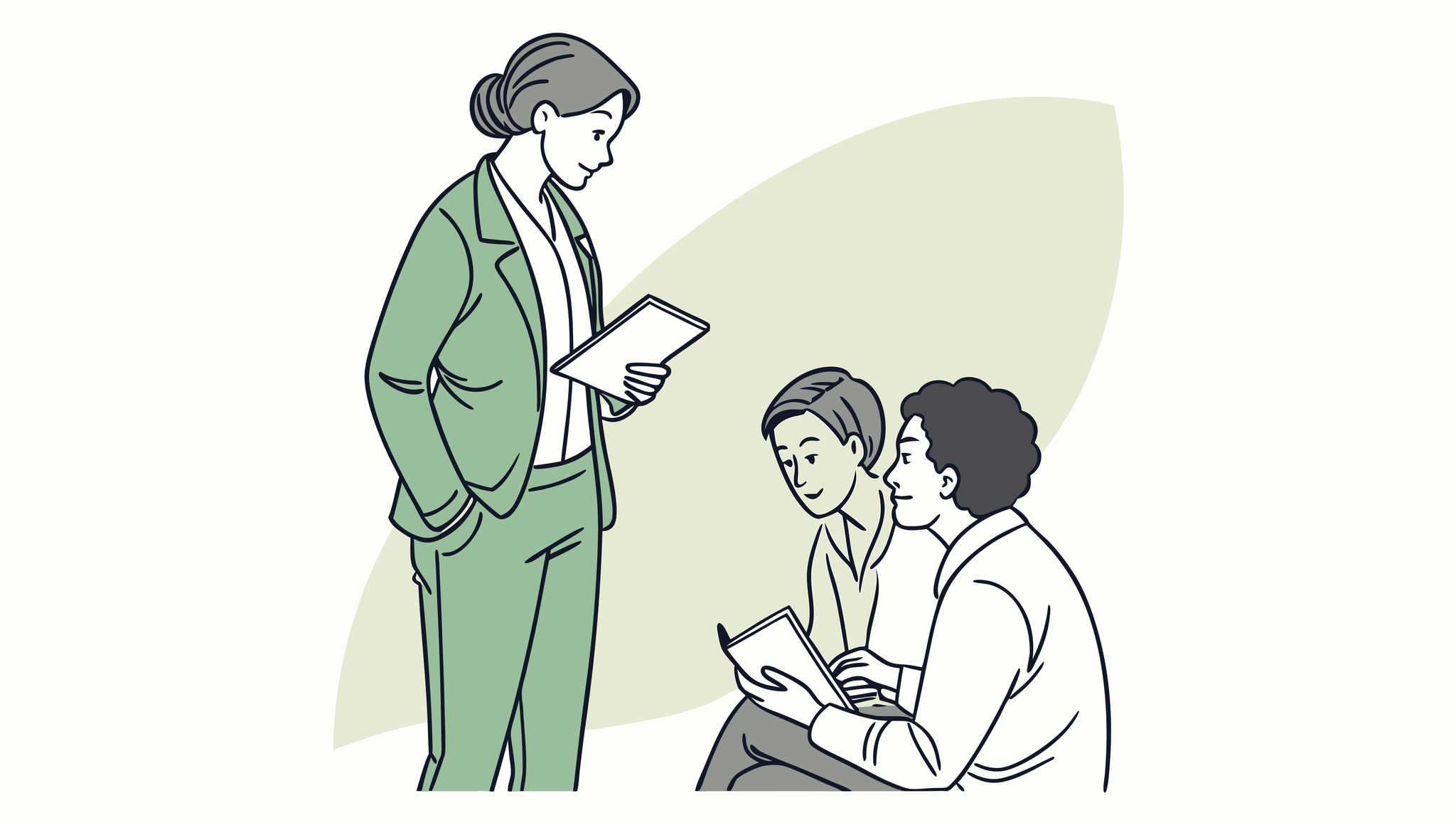 Illustration of an advisory meeting for hospice care M&A transactions, showing a business lawyer consulting with healthcare professionals about medical practice mergers and acquisitions - SovDoc healthcare transaction specialists.