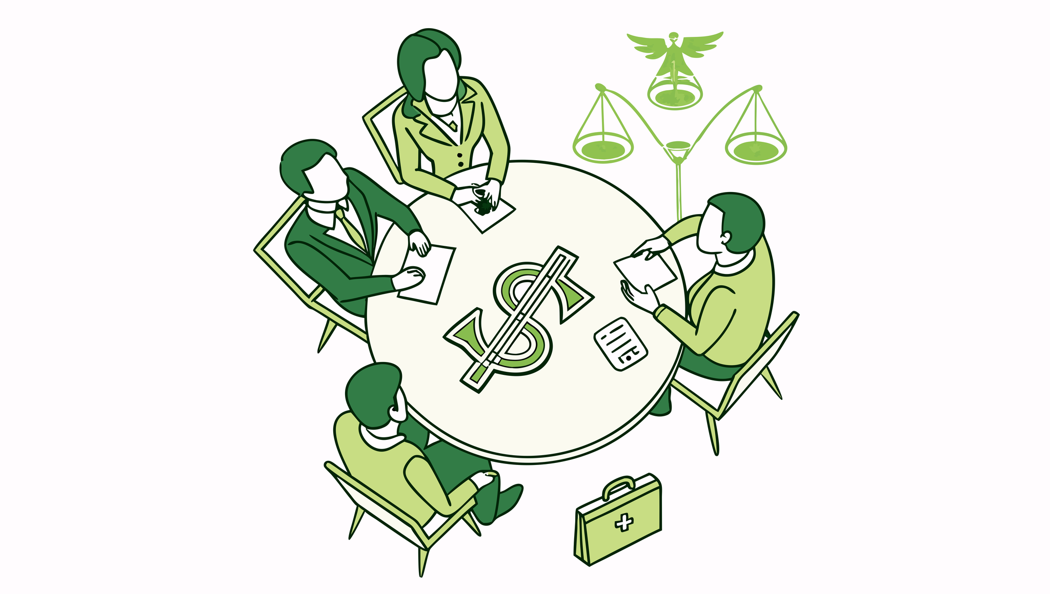 Stylized illustration of business lawyers at a roundtable discussing med spa mergers and acquisitions, featuring medical and business symbols - SovDoc healthcare M&A advisors representing medical practice transactions.