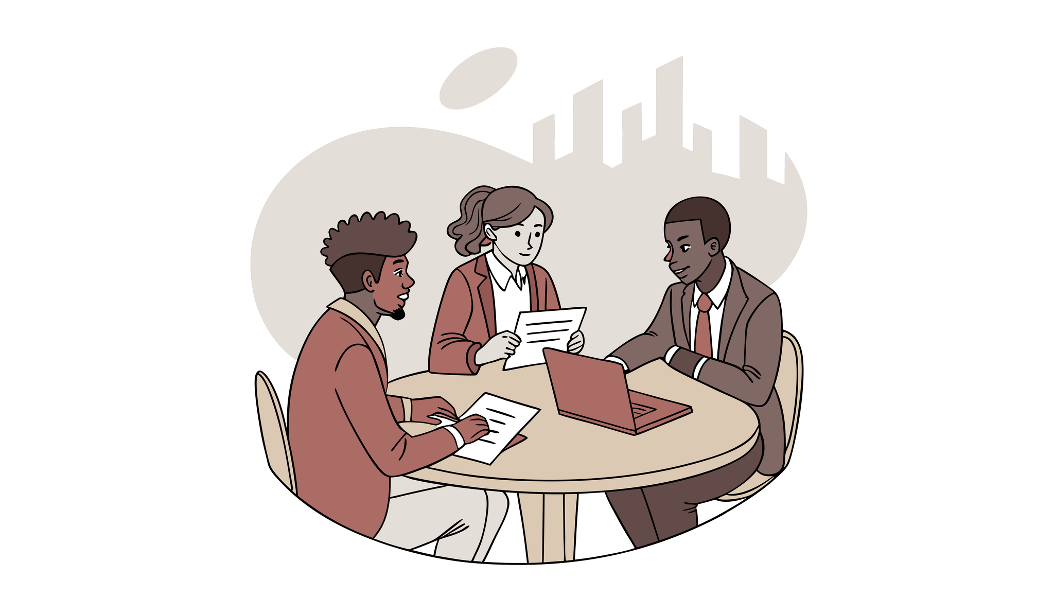 Diverse business professionals at a roundtable discussion about nephrology practice mergers and acquisitions, demonstrating SovDoc's collaborative approach to healthcare M&A advisory services.