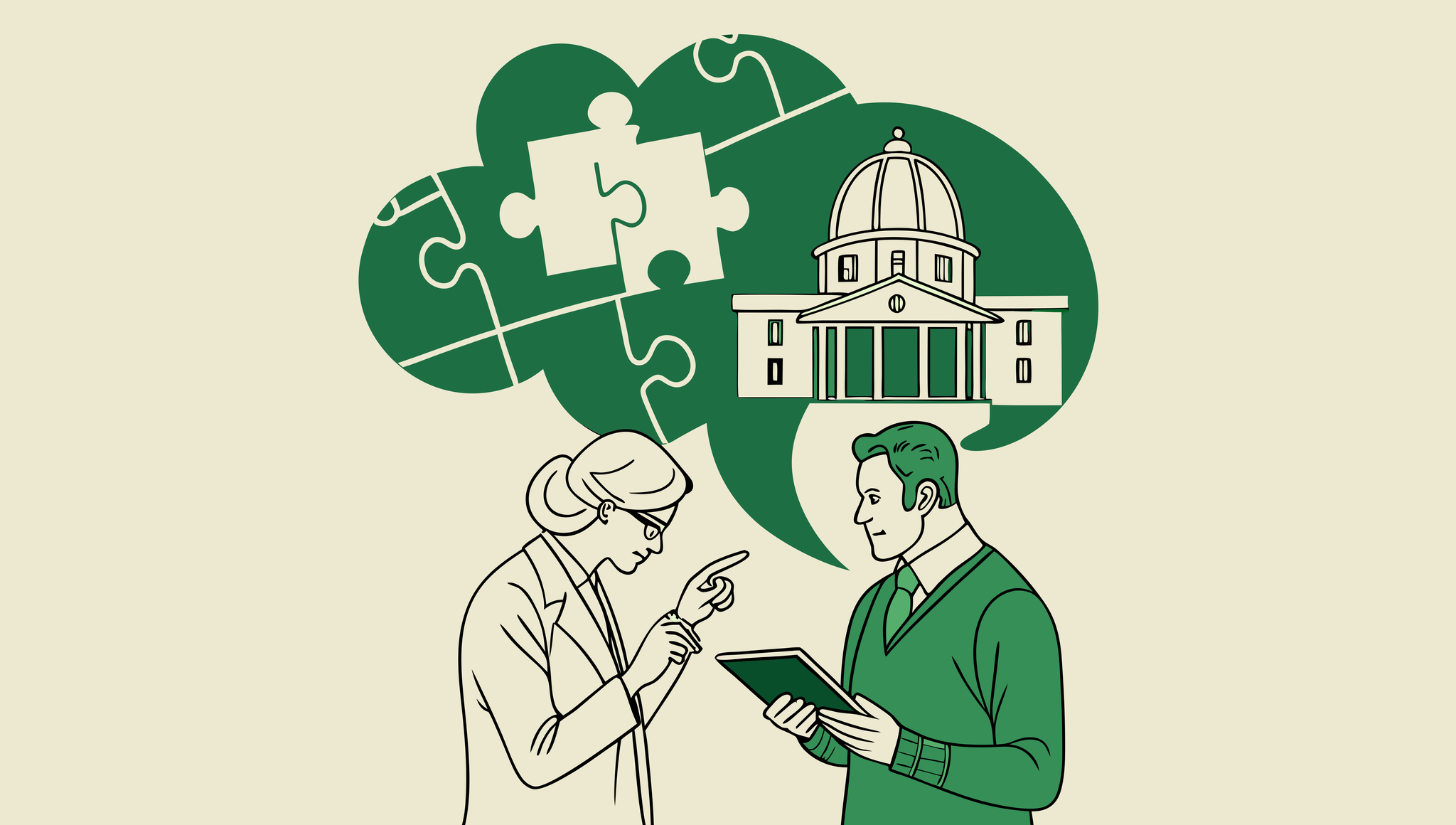 SovDoc healthcare M&A illustration showing business lawyers collaborating on neurological rehabilitation practice mergers and acquisitions, with brain imagery and hospital graphics representing specialized medical practice advisory services