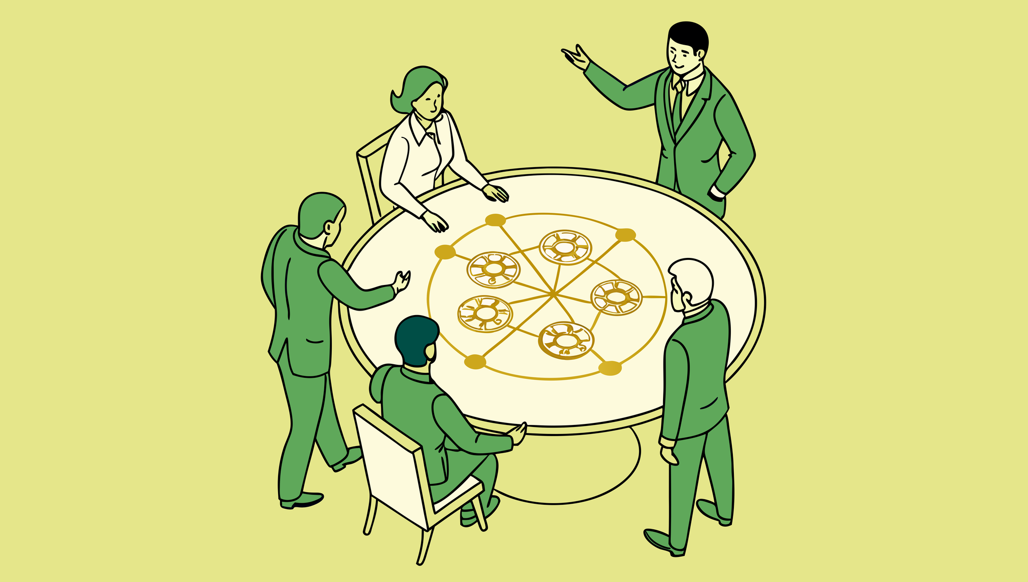 SovDoc healthcare M&A advisors collaborating around a table with neurological imagery, discussing strategic approaches for neurology practice mergers and acquisitions in the medical sector.