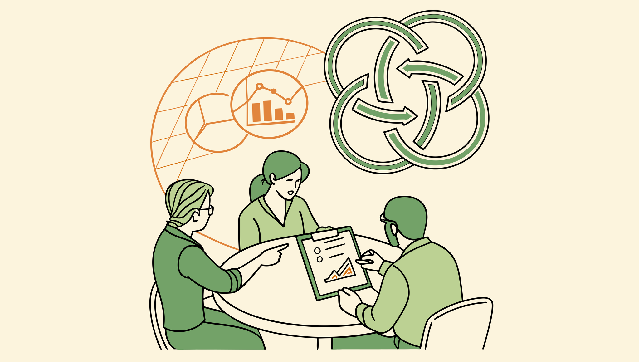 SovDoc illustration of business lawyers advising on occupational and hand therapy practice mergers and acquisitions, depicting professionals collaborating around a table with medical and financial elements.