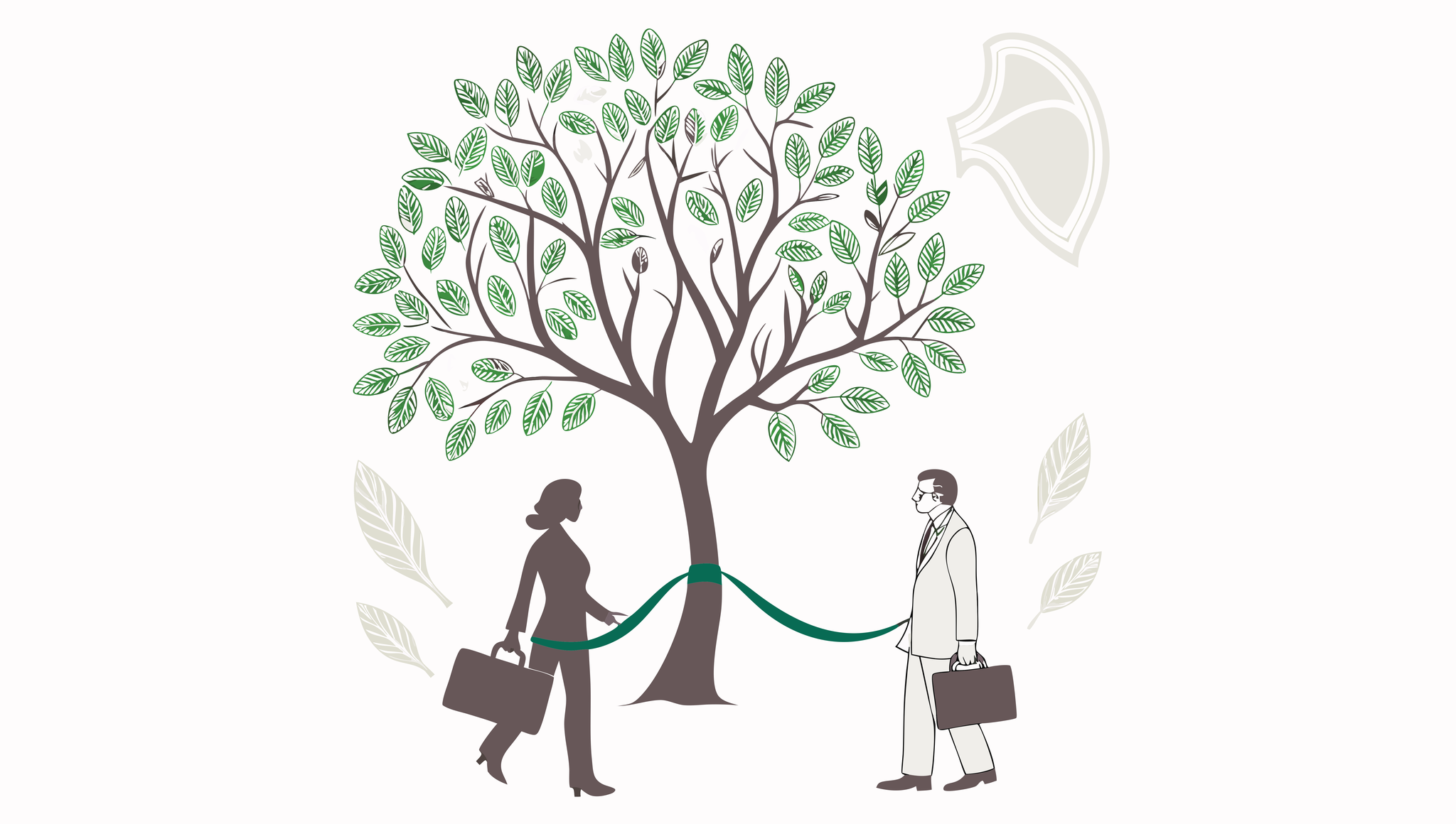 Minimalist illustration of a tree with two business professionals collaborating, symbolizing growth in medical practice mergers and acquisitions - SovDoc healthcare M&A advisors specializing in oncology partnerships.