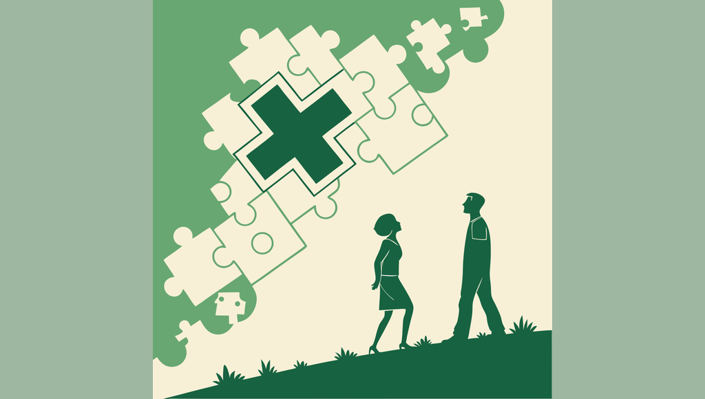 Abstract illustration of medical merger and acquisition concept featuring a medical cross symbol with stylized figures representing business lawyers advising on orthopedic and MSK practice mergers - SovDoc healthcare M&A advisory services for medical practice consolidation