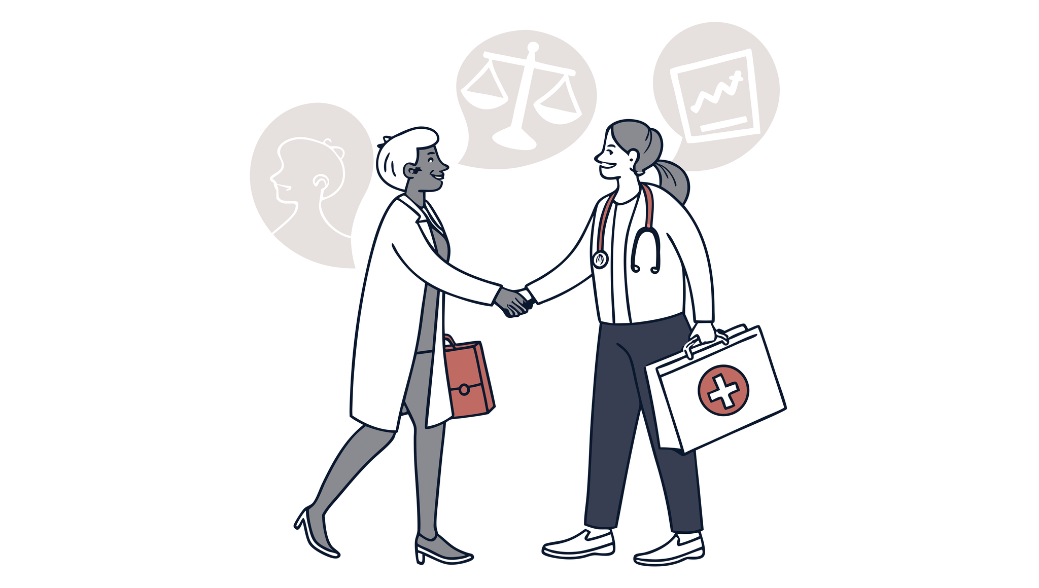 Symbolic handshake between lawyer and physical therapist figures representing healthcare M&A in outpatient physical therapy practices. SovDoc facilitates mergers and acquisitions in the PT sector through expert legal and clinical advisory services.