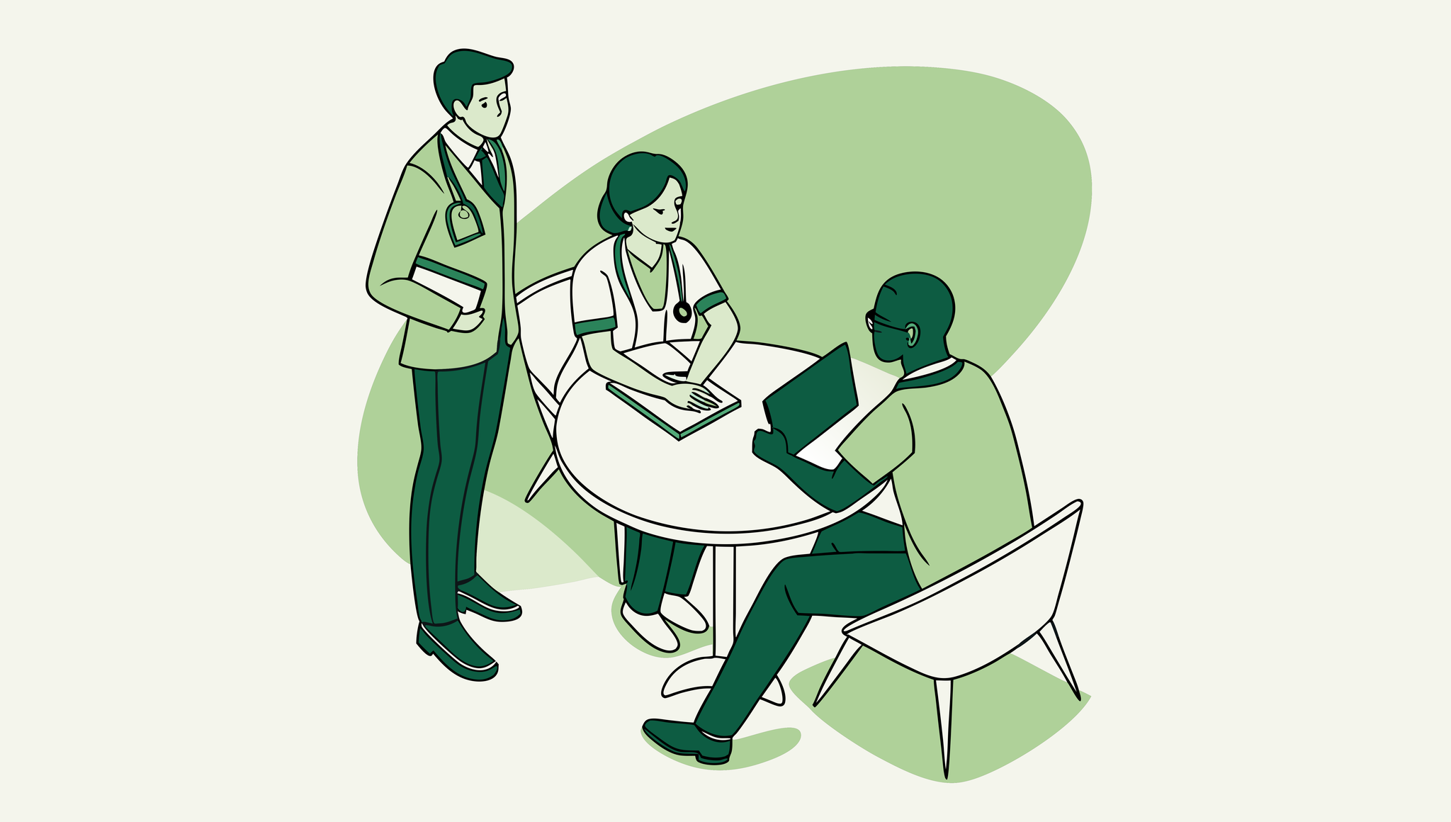 Business professionals and healthcare provider discussing palliative care practice mergers and acquisitions around a digital projection - SovDoc healthcare M&A advisory services supporting medical practice transitions.