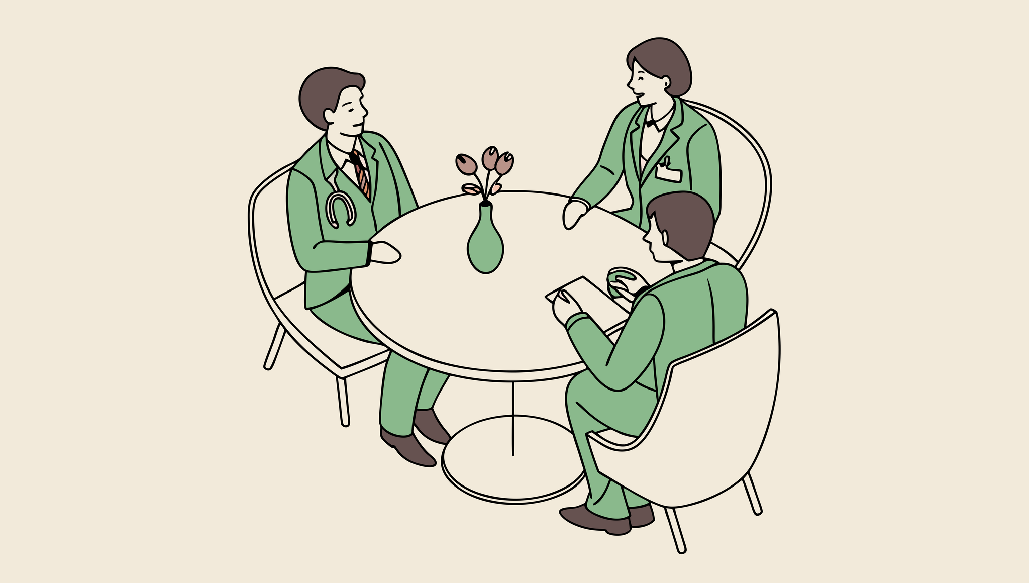 Professional roundtable discussion between legal and medical advisors discussing pediatric physical therapy practice mergers and acquisitions, with a model facility at center - SovDoc healthcare M&A consultation representing medical practice consolidation expertise.