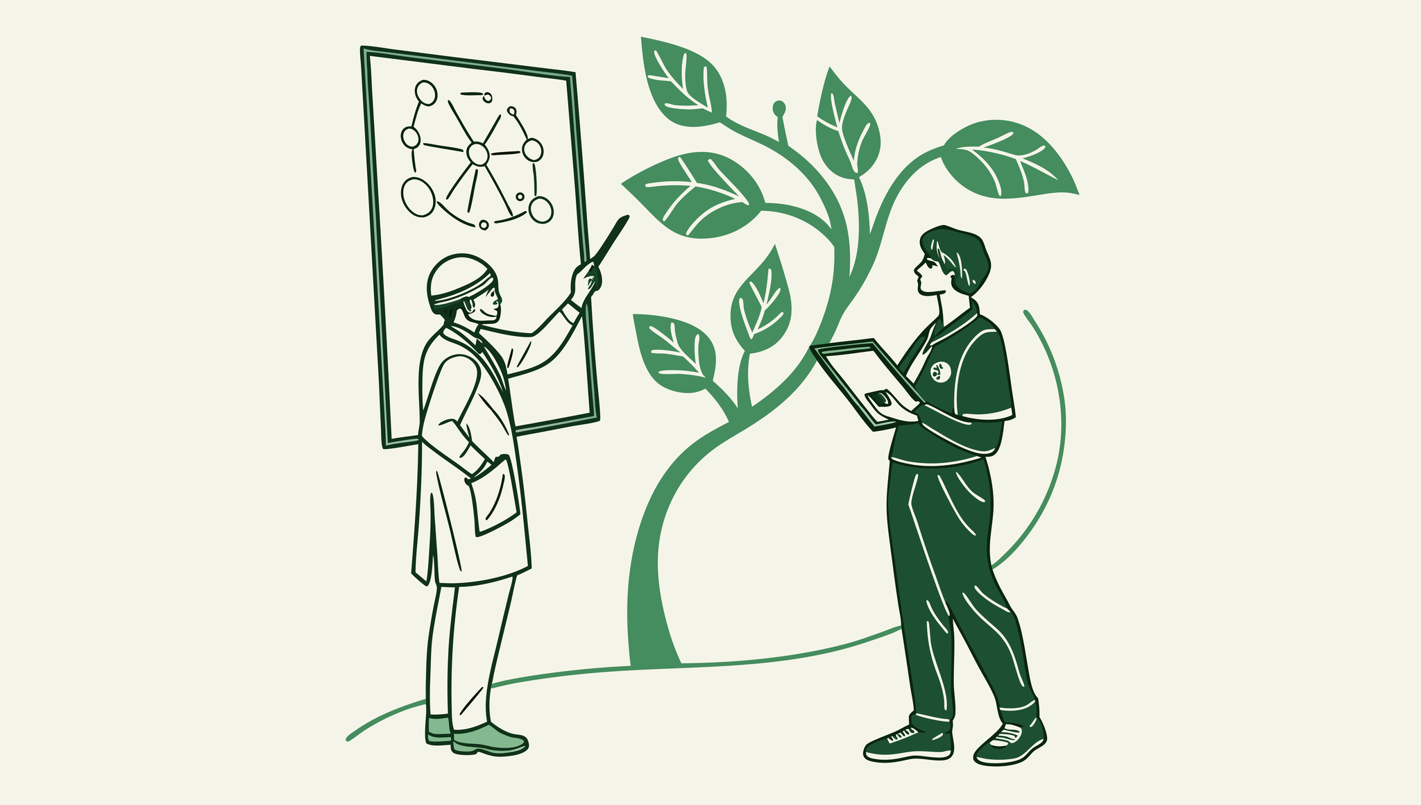 Stylized illustration showing a plastic surgeon and business lawyer discussing M&A strategy with diagrams - SovDoc facilitating medical practice mergers and acquisitions in plastic surgery