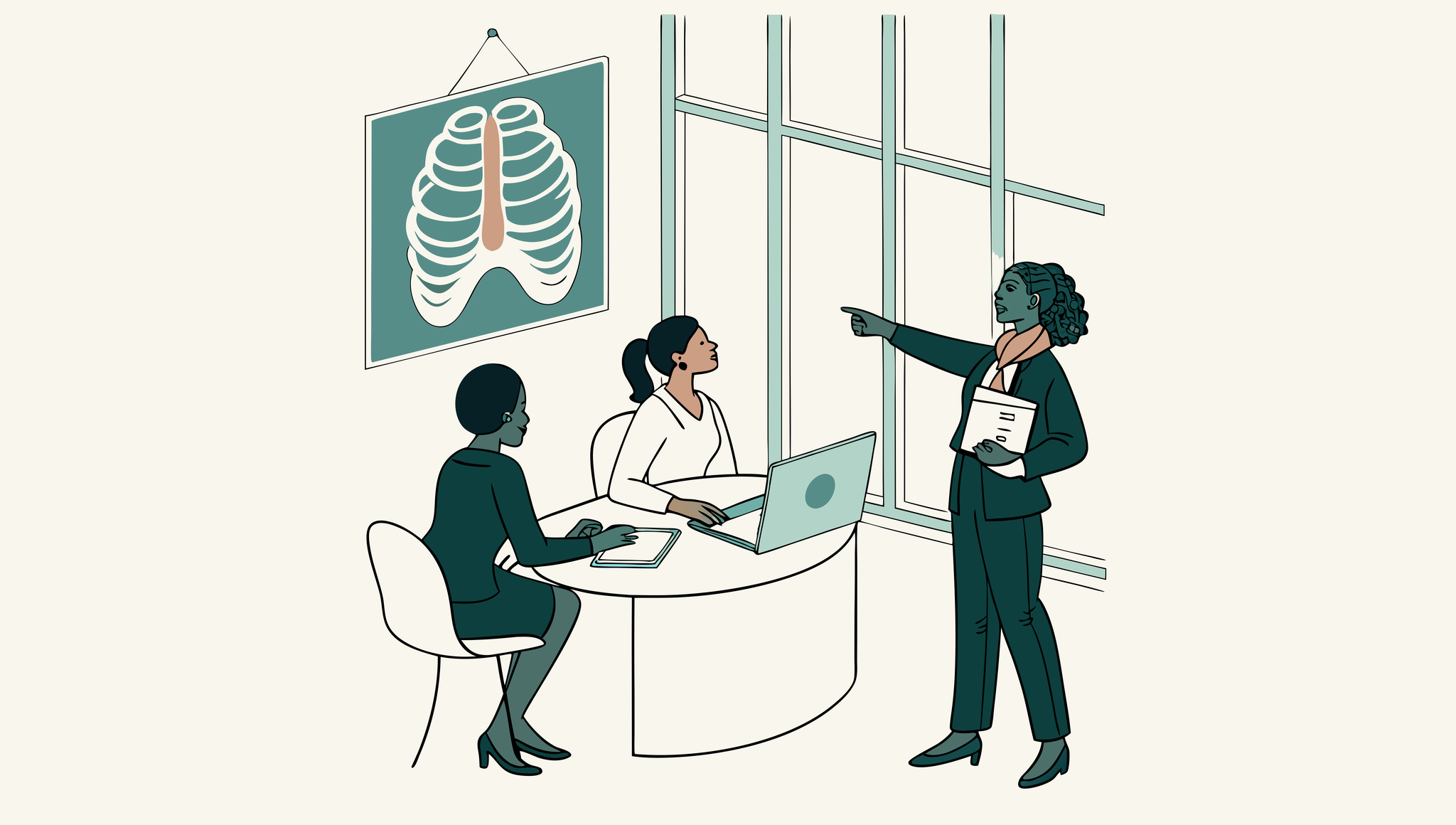 SovDoc advisory meeting illustration showing legal professionals discussing radiology practice mergers and acquisitions with medical and financial visualization tools, representing healthcare M&A expertise.