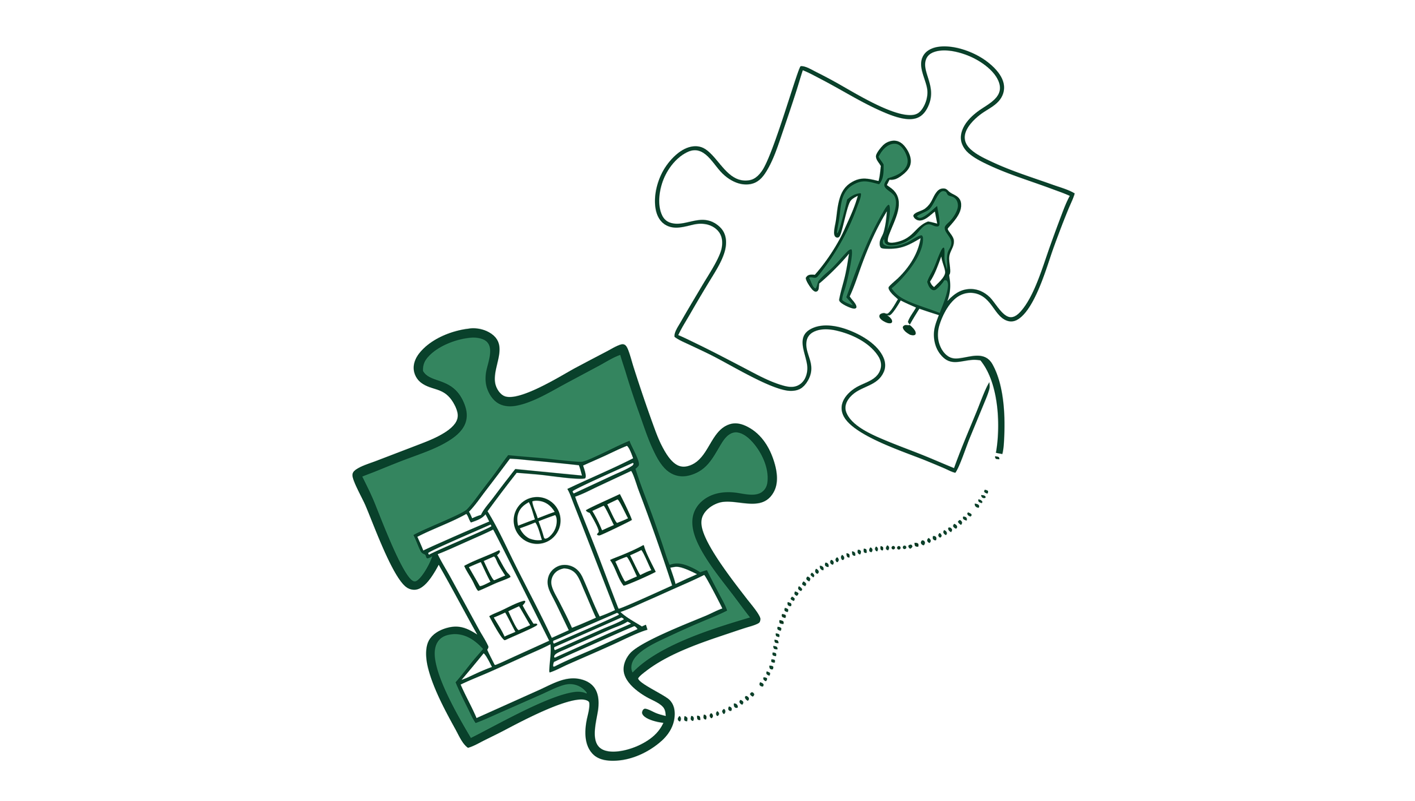 Stylized green jigsaw pieces connected by a gavel-shaped line representing SovDoc's legal advisory services for school and community-based healthcare practice mergers and acquisitions.