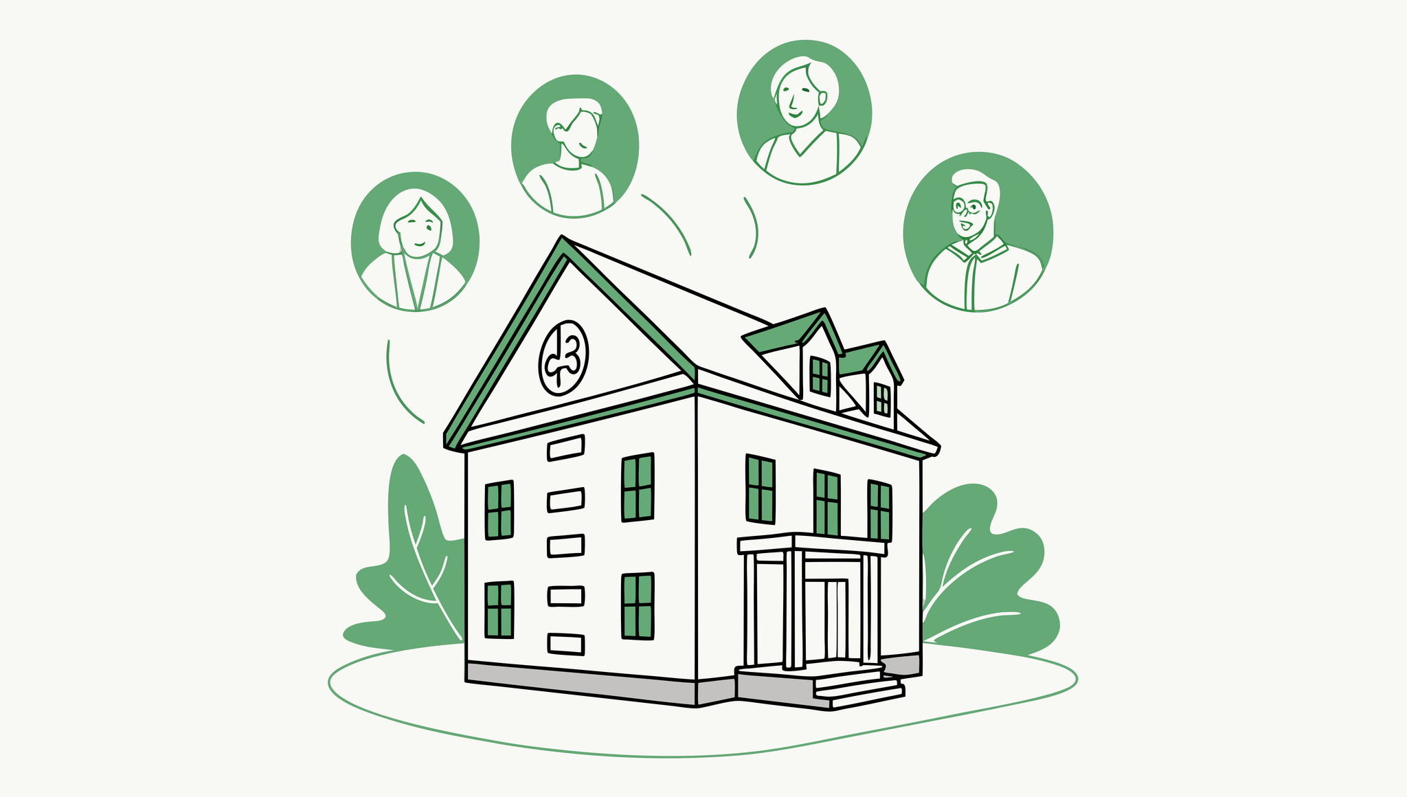 Vector illustration showing a central skilled nursing facility building surrounded by abstract green shapes representing law firms, symbolizing SovDoc's healthcare M&A advisory services for SNF legal considerations in practice mergers and acquisitions.