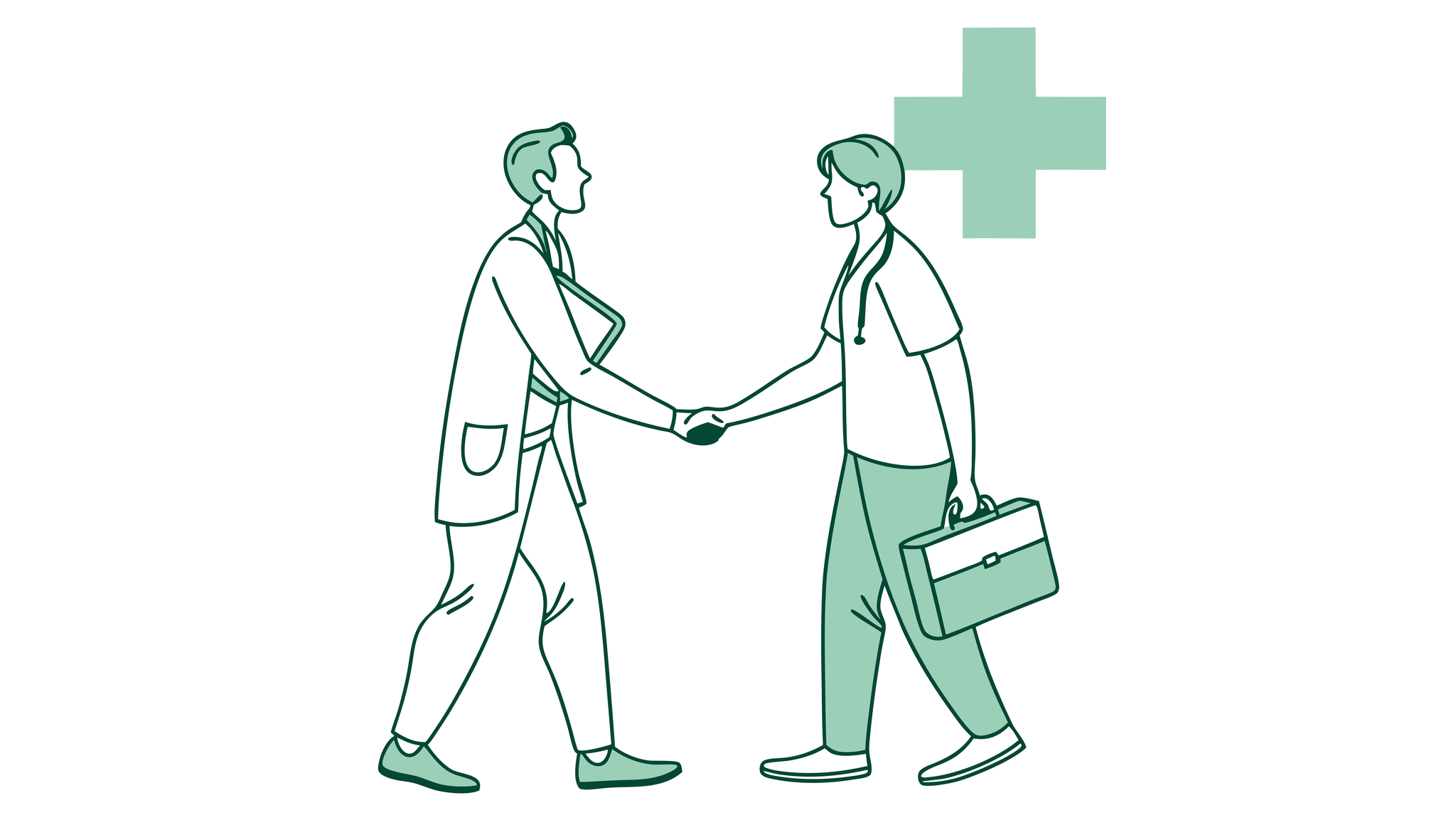 Abstract illustration showing healthcare merger between sports medicine and performance therapy practices, represented by figures converging toward a central handshake. SovDoc specializes in medical practice mergers and acquisitions for healthcare professionals.