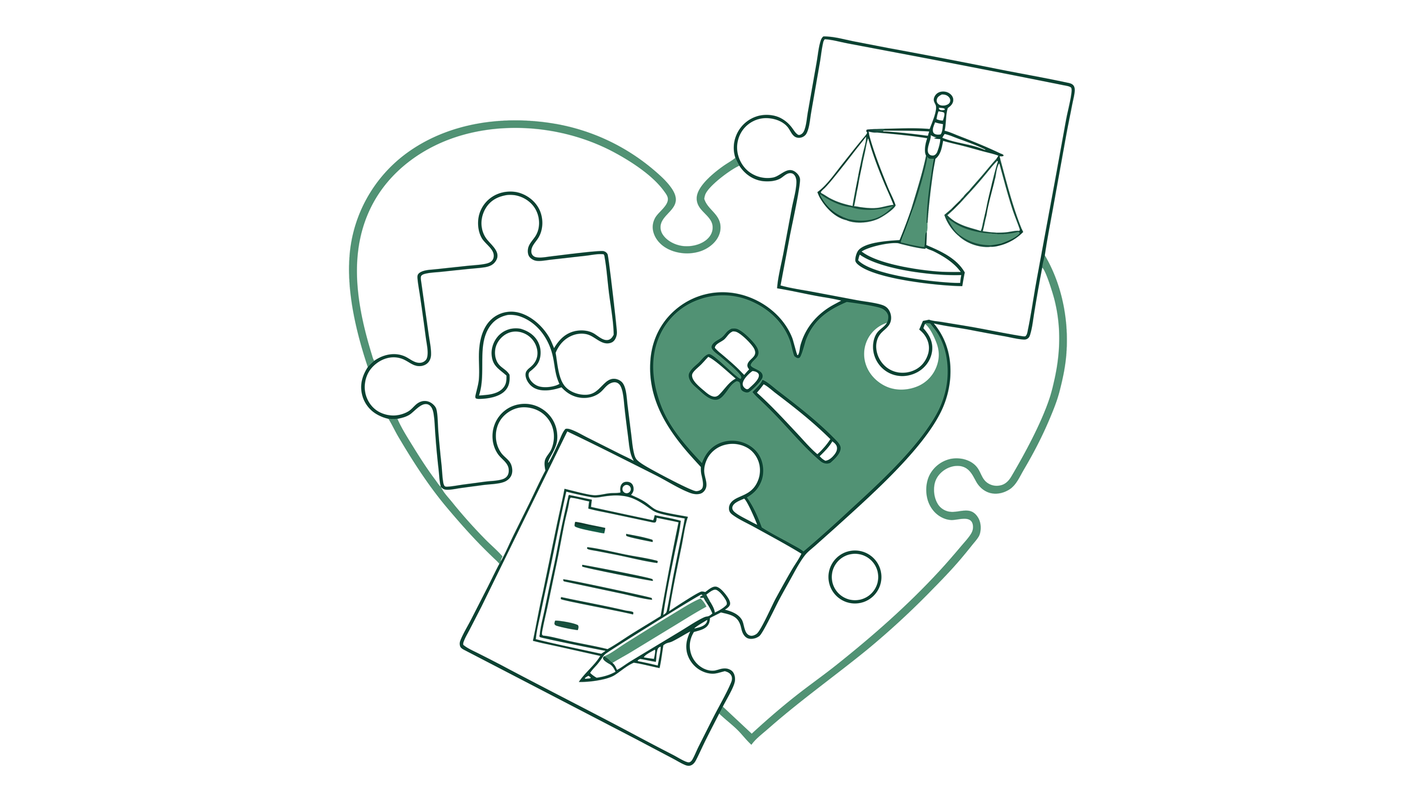 SovDoc healthcare M&A illustration showing compliance aspects of cardiology practice mergers and acquisitions, represented by a green heart surrounded by interconnected legal puzzle pieces