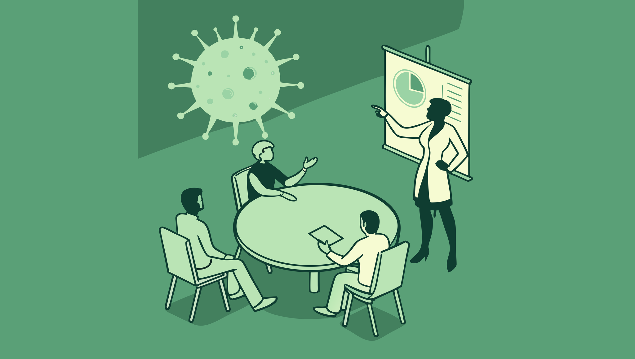 SovDoc healthcare M&A advisors in a roundtable discussion about dermatology practice mergers and acquisitions, with compliance legal expertise represented through collaborative consultation around a cellular model.