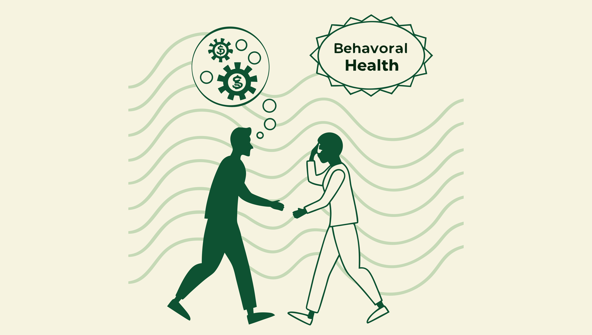 Abstract minimalist illustration representing healthcare M&A in geriatric behavioral health - figures shaking hands symbolize mergers and acquisitions in the healthcare sector, with subtle financial and compliance elements. SovDoc advisor roundup for compliance lawyers specializing in behavioral health practice transactions.
