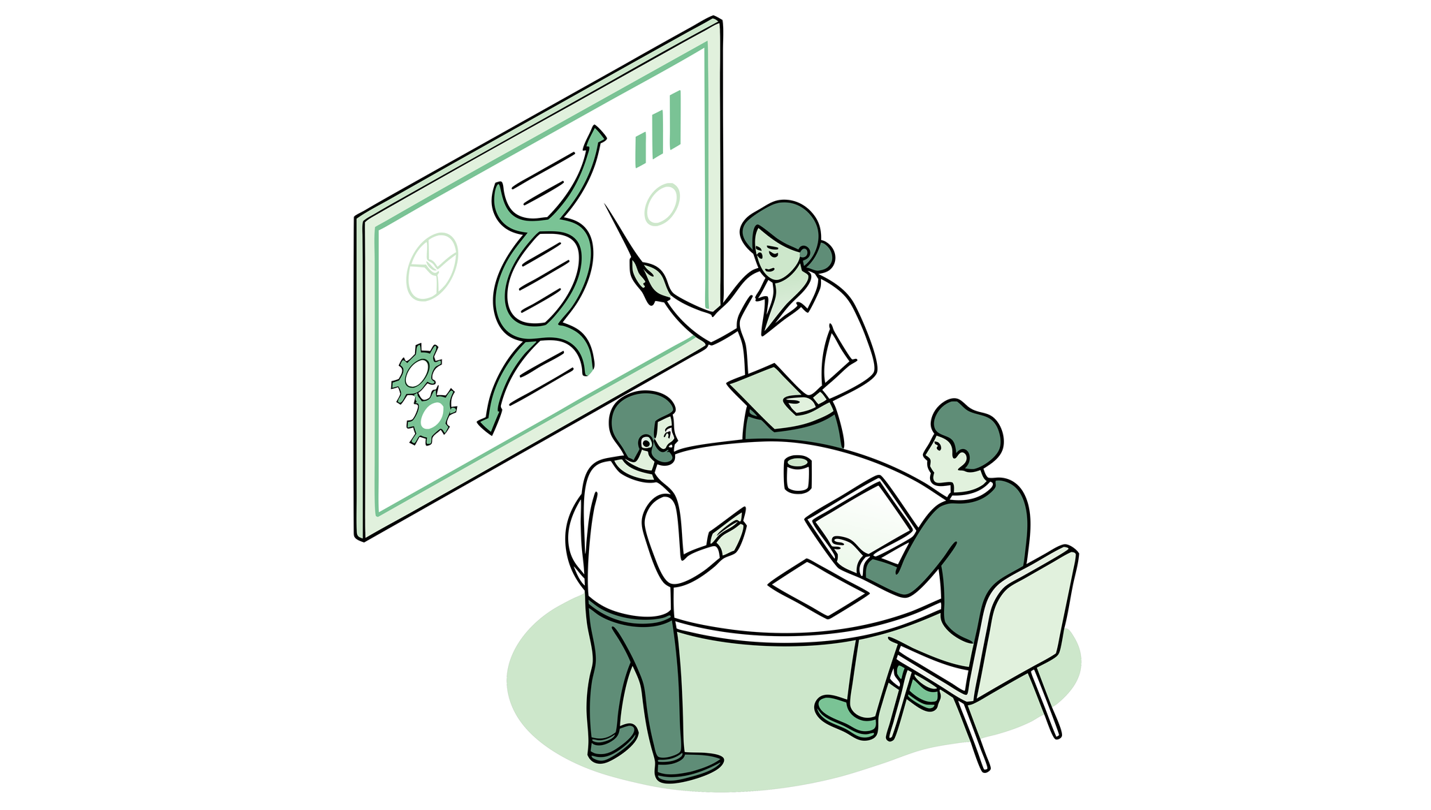 Stylized illustration of compliance lawyers discussing GI & Hepatology practice mergers and acquisitions at SovDoc. The image shows professionals analyzing healthcare compliance data with medical and financial elements symbolizing the specialized due diligence process in gastroenterology and hepatology practice transactions.