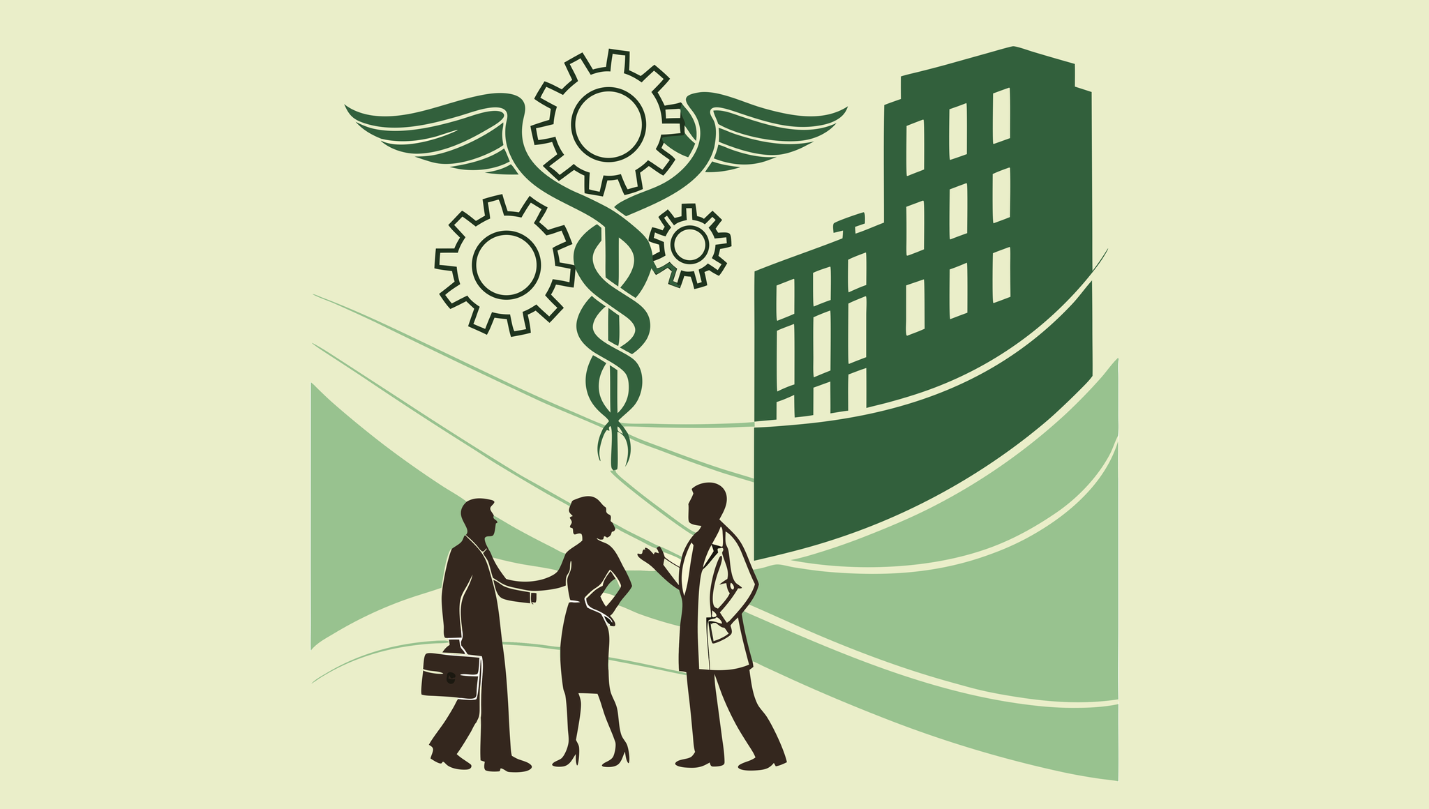 SovDoc healthcare M&A illustration showing compliance advisors for hospice care mergers, with medical caduceus and merging facilities symbolizing the regulatory complexity in healthcare practice acquisitions