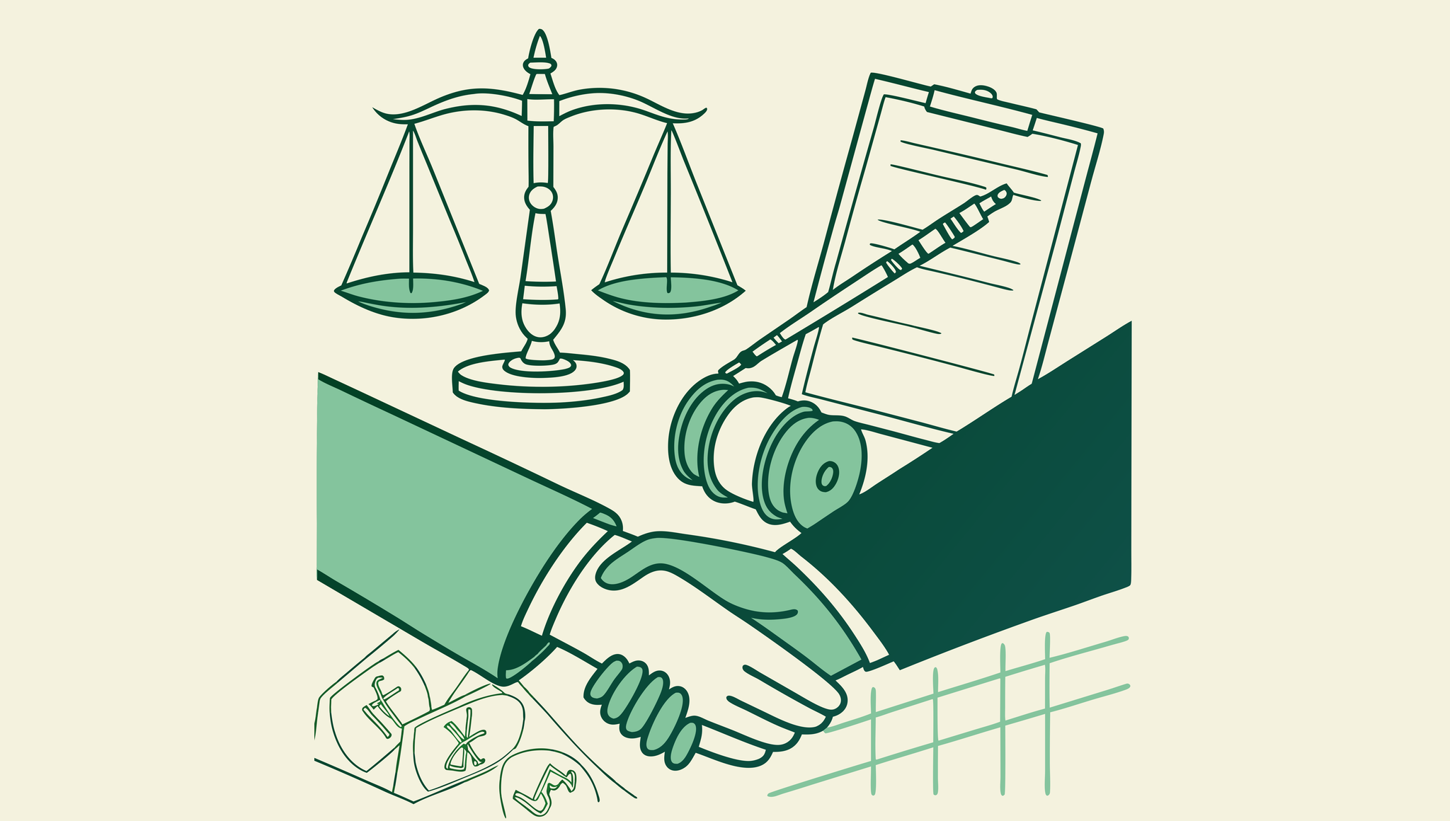 Stylized handshake illustration connecting medical equipment and legal documents, representing interventional pain practice mergers and acquisitions. SovDoc provides specialized M&A advisory for healthcare compliance transactions.