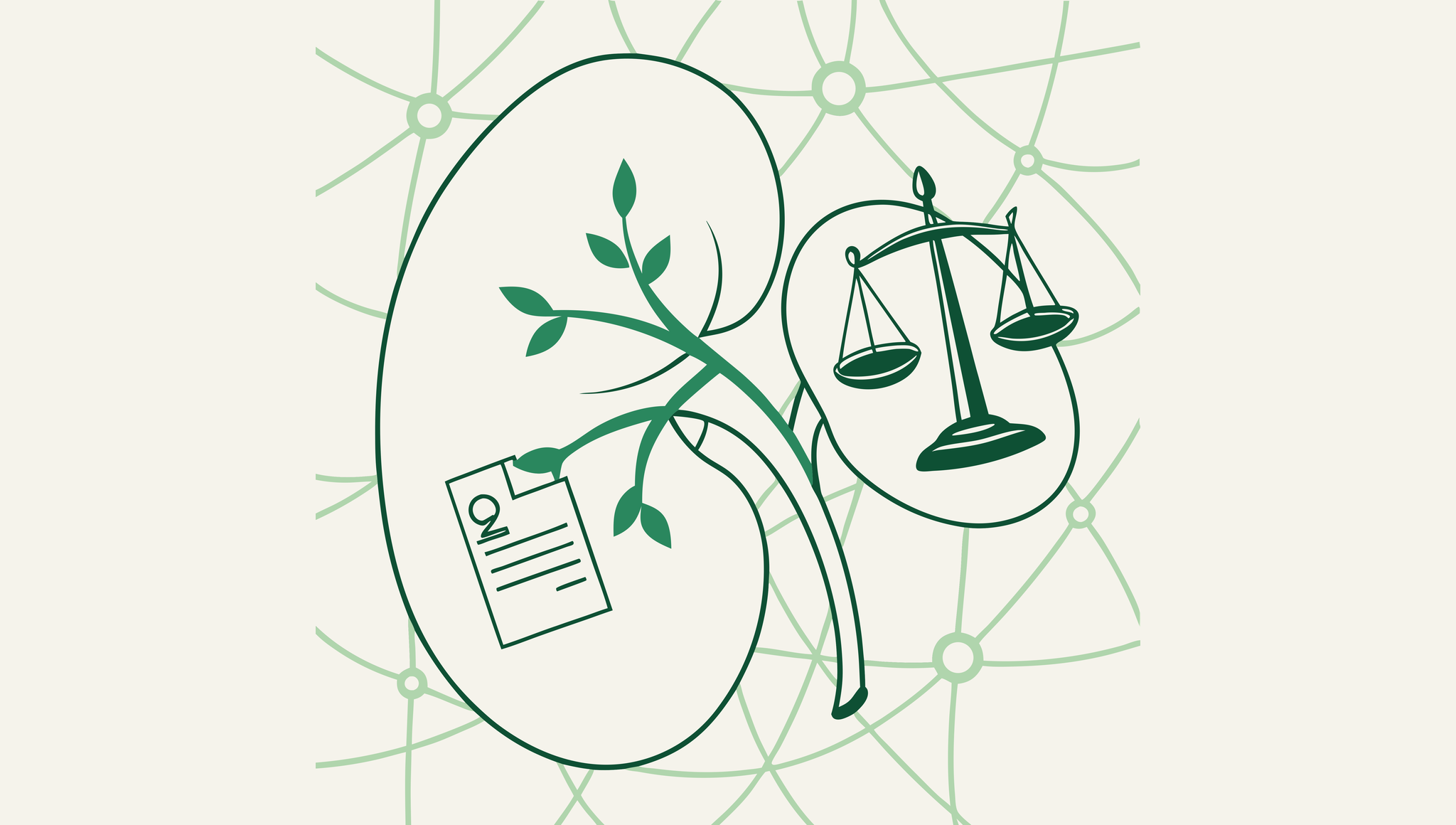 SovDoc healthcare M&A illustration showing kidney symbol connected to legal contract elements, representing compliance considerations in nephrology practice mergers and acquisitions.