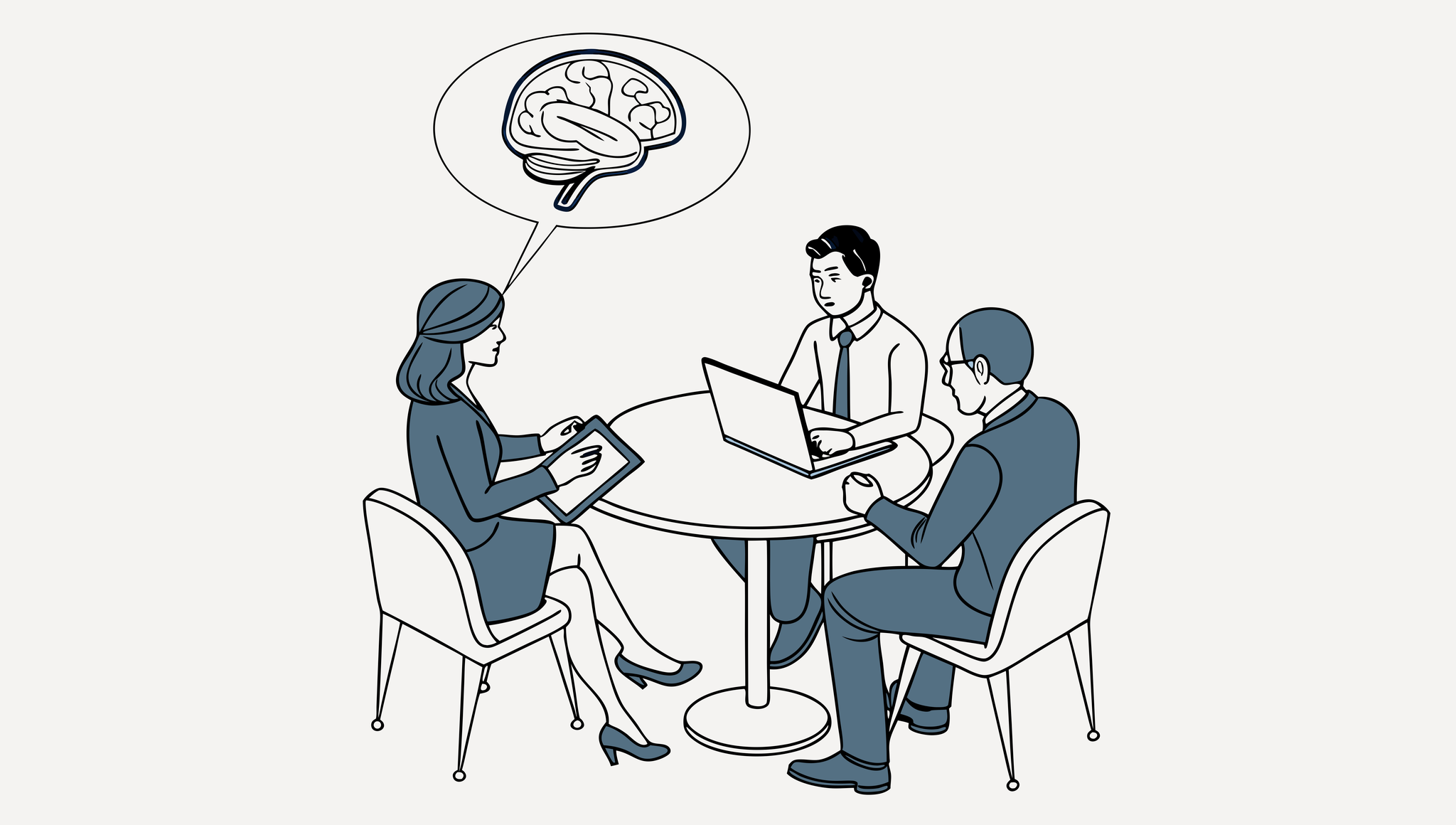SovDoc healthcare M&A roundtable discussion showing professionals analyzing neurological rehabilitation compliance considerations during medical practice mergers and acquisitions, with digital brain visualization representing specialized healthcare legal advisory services.
