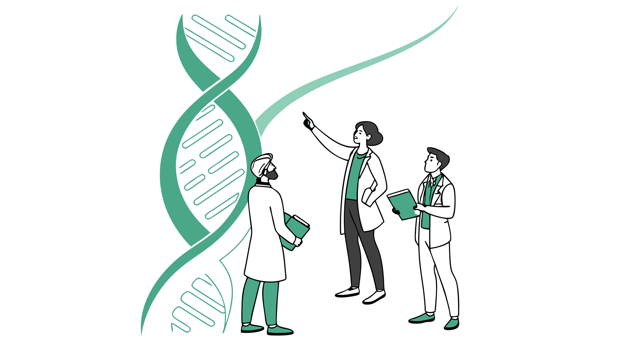 SovDoc healthcare M&A illustration showing three diverse compliance lawyers collaborating around an abstract green double helix, representing oncology practice mergers and acquisitions legal guidance