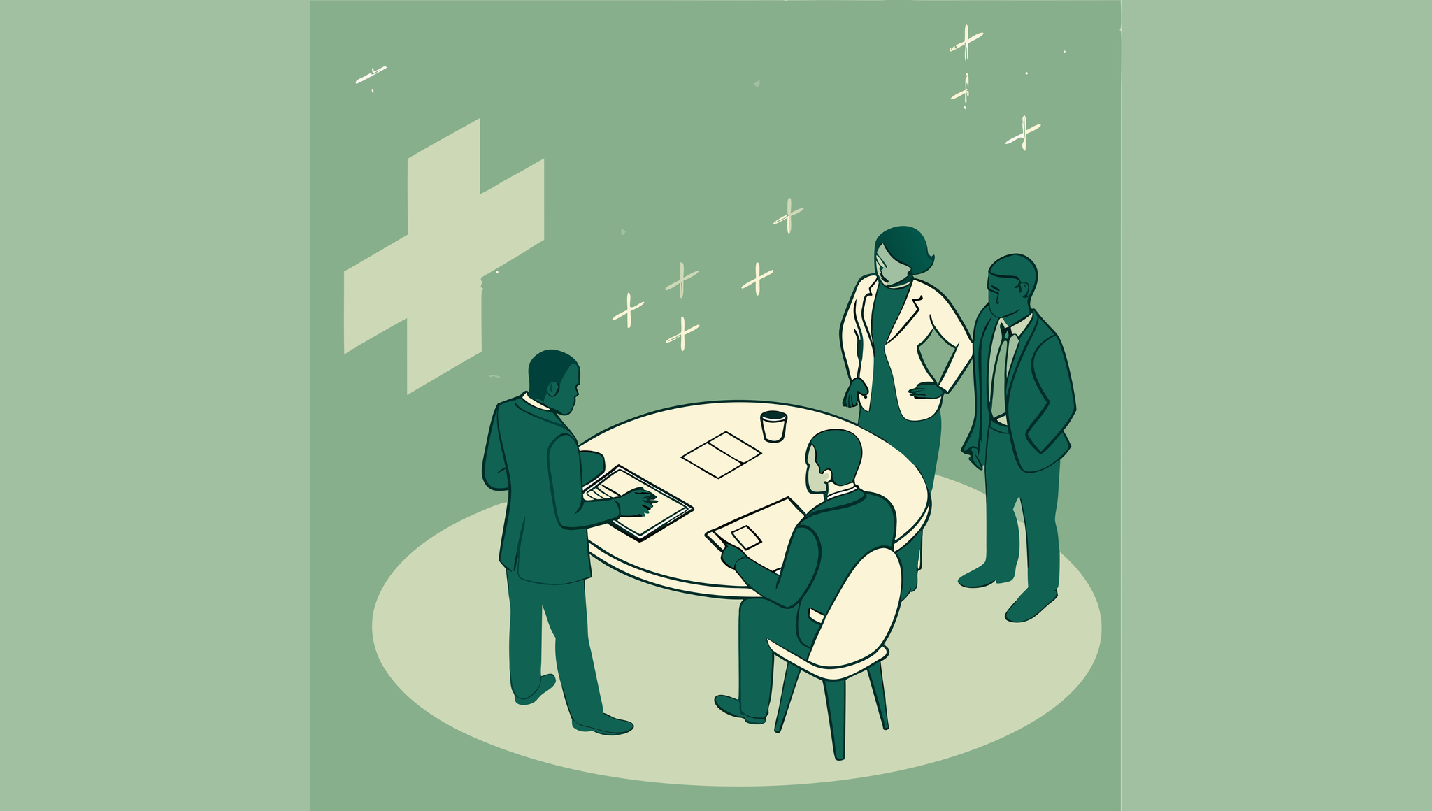 SovDoc illustration of legal advisors collaborating around a table during healthcare M&A discussions, highlighting compliance expertise for orthopedic and MSK practice mergers and acquisitions.